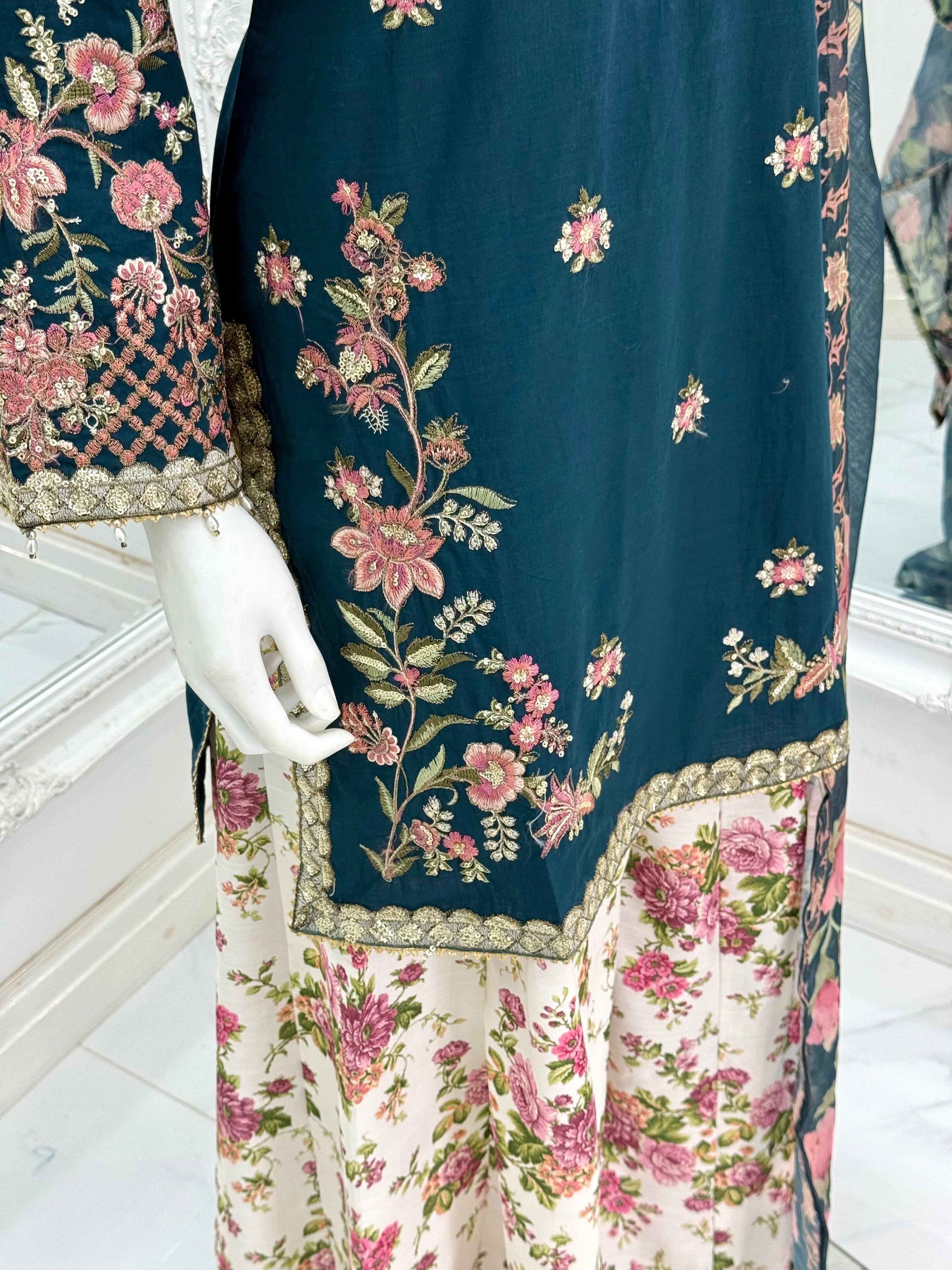 Ethnic inspired blue with white floral plazo trousers