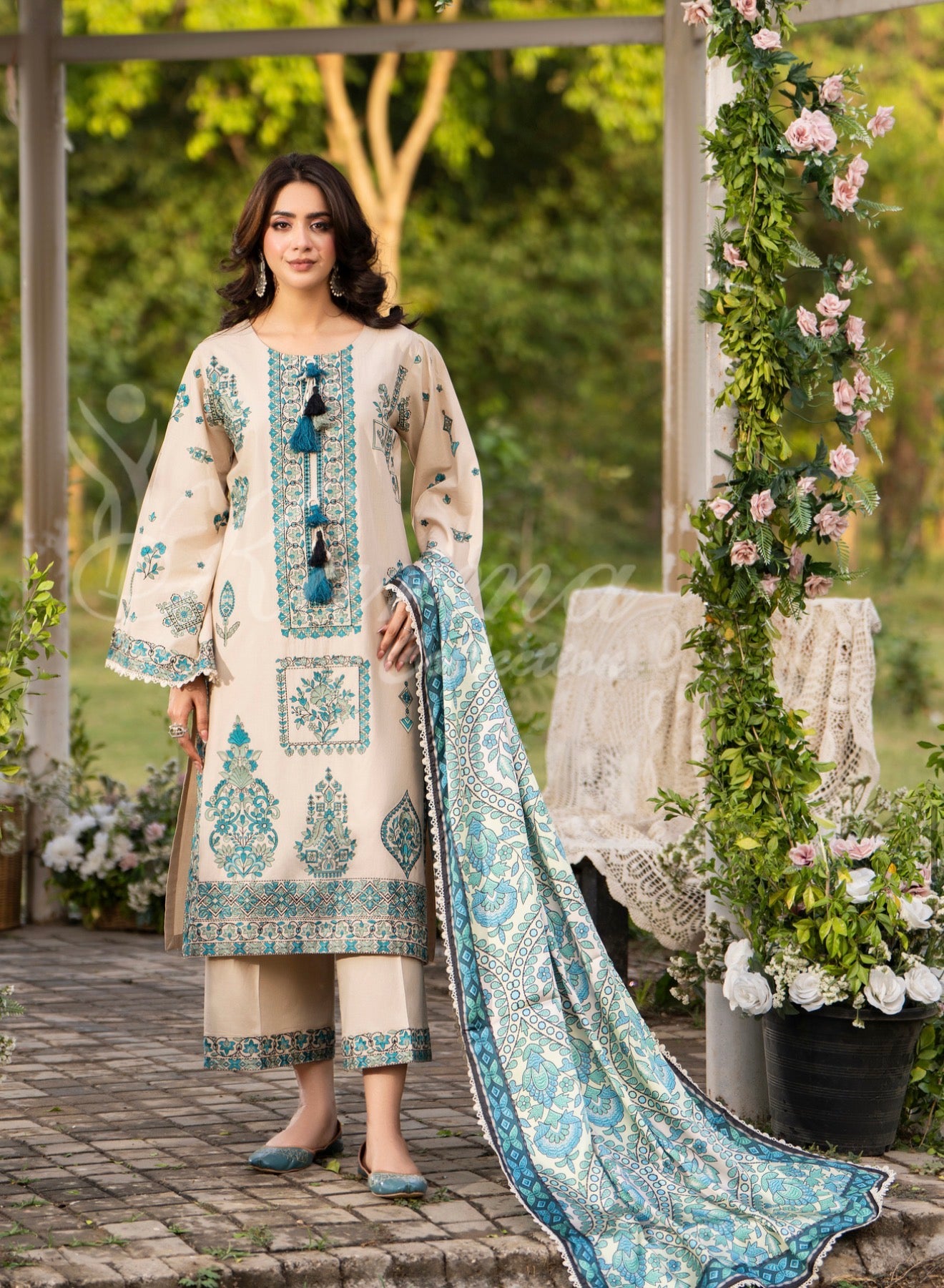 Baige and blue 3cpc embroidery original karma outfit