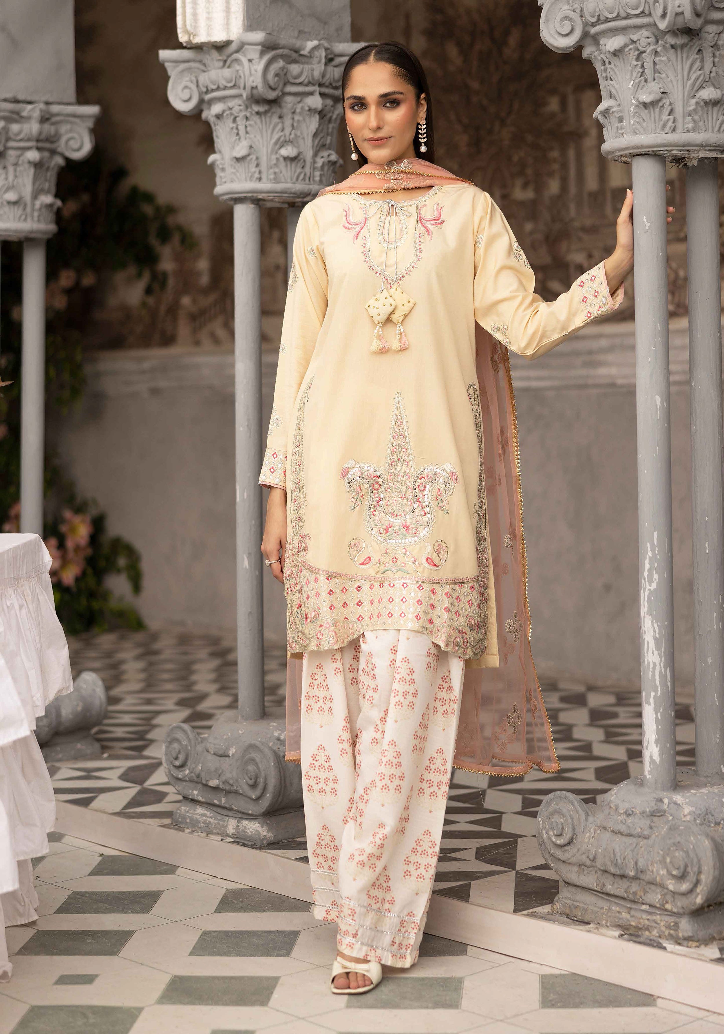 Cream Ivory Embroidered 3-Piece Lawn Suit with Organza Dupatta & Printed Palazzo