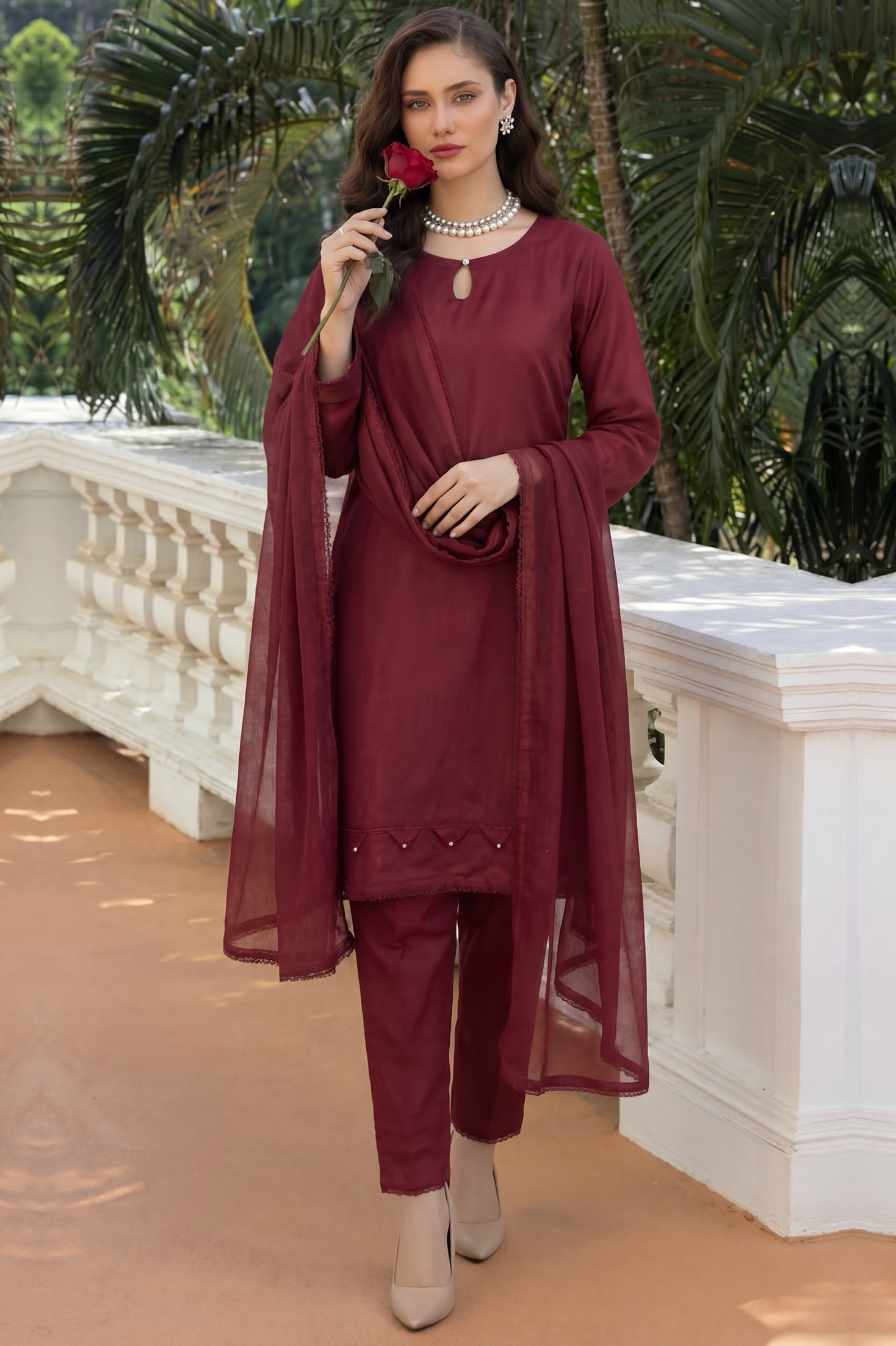 Burgundy Premium Jacquard Lawn 3-Piece Stitched Suit