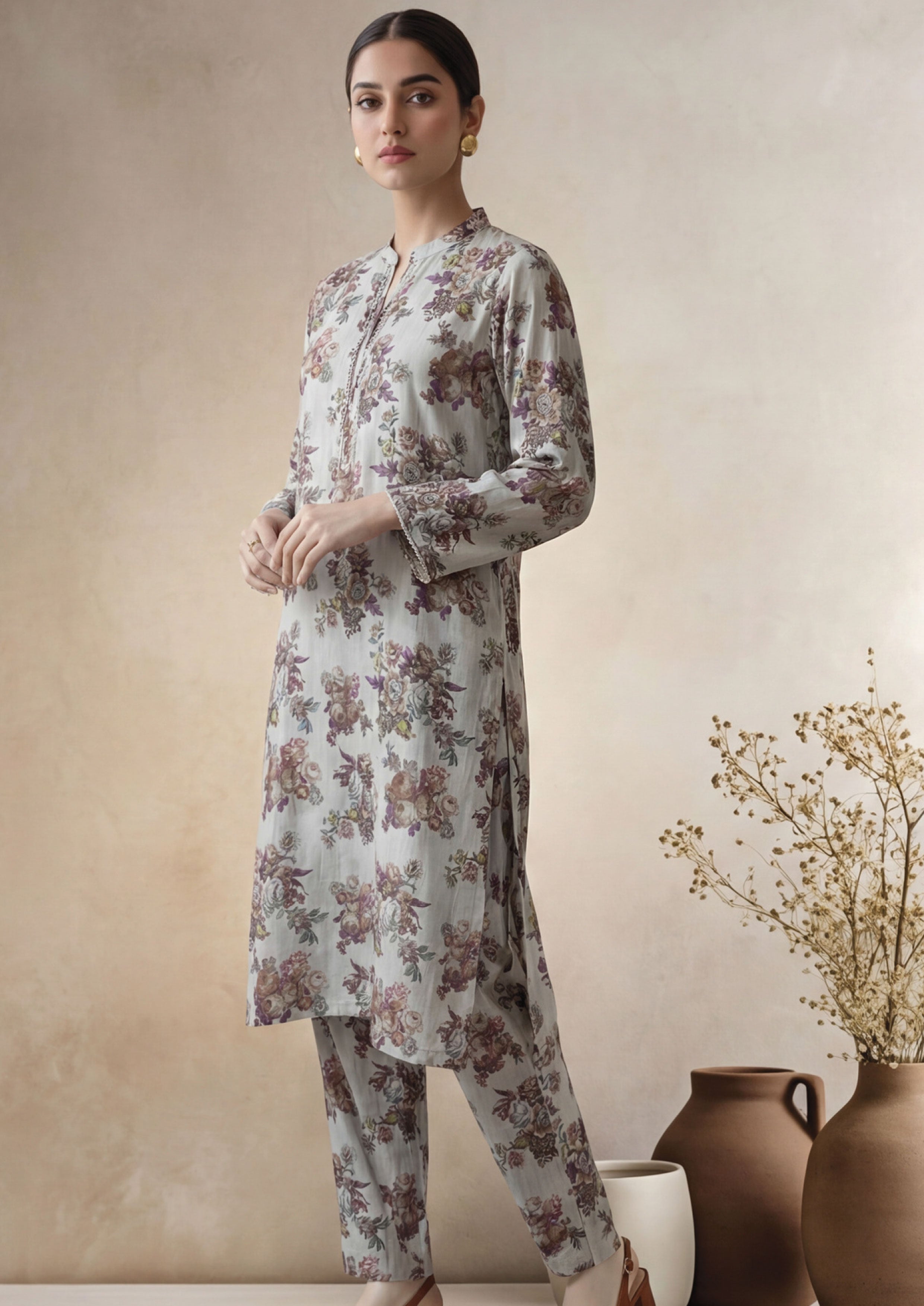 Ivory Gray Linen Stitched Staple Digital print suit