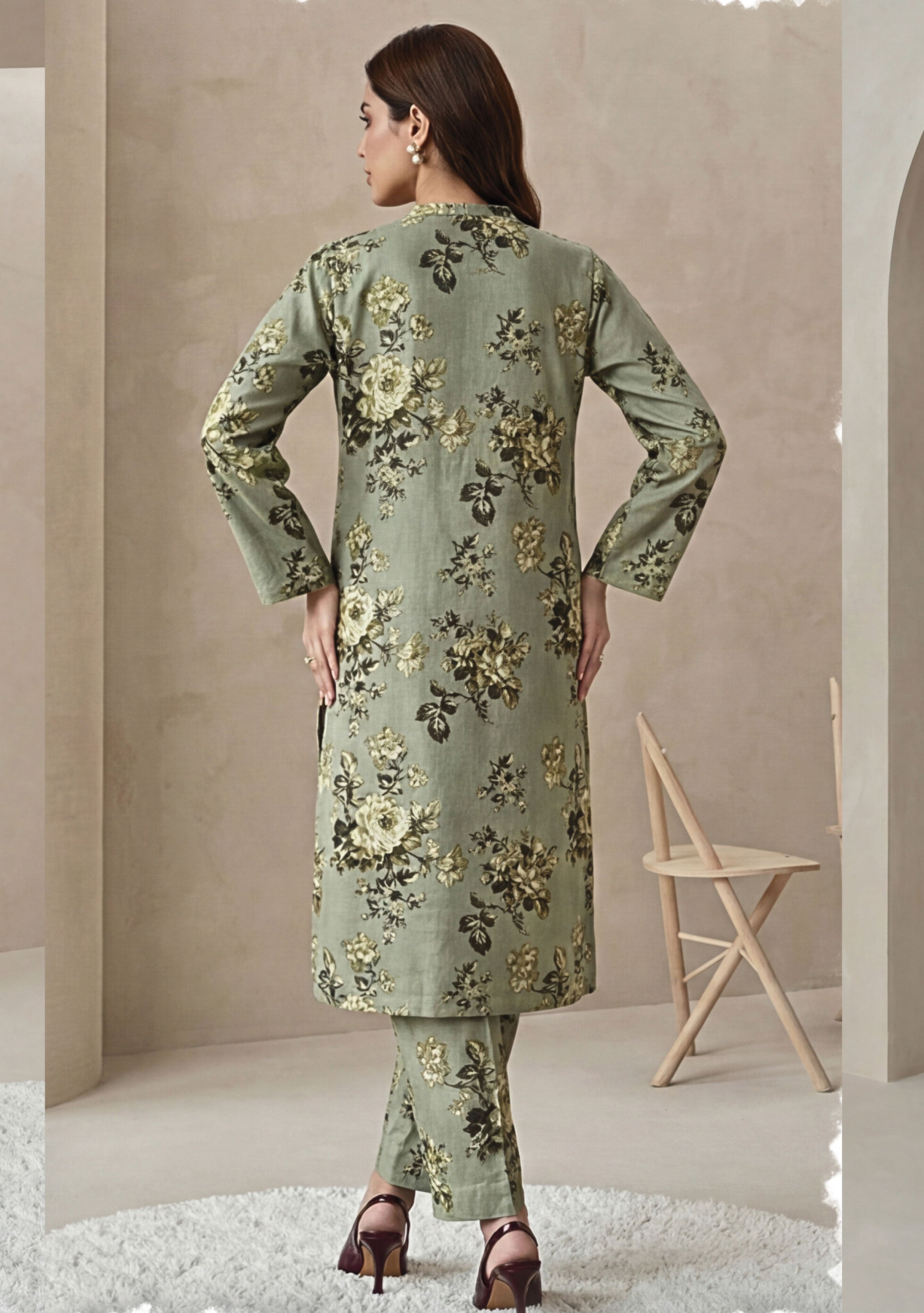Olive Mist Linen Stitched Staple Digital print suit