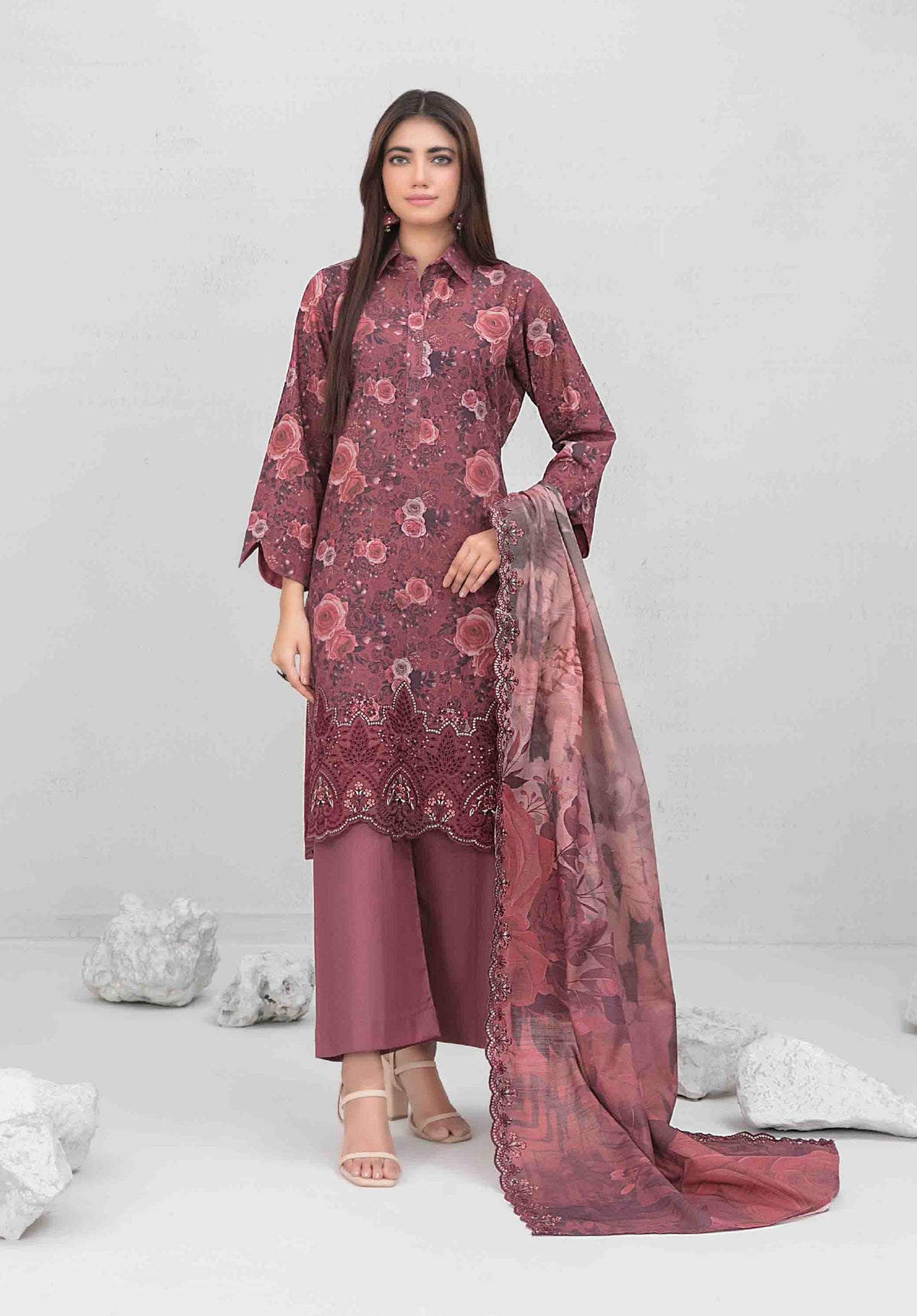 3pc Digital printed lawn suit with embroidered digital print cutwork Dupatta