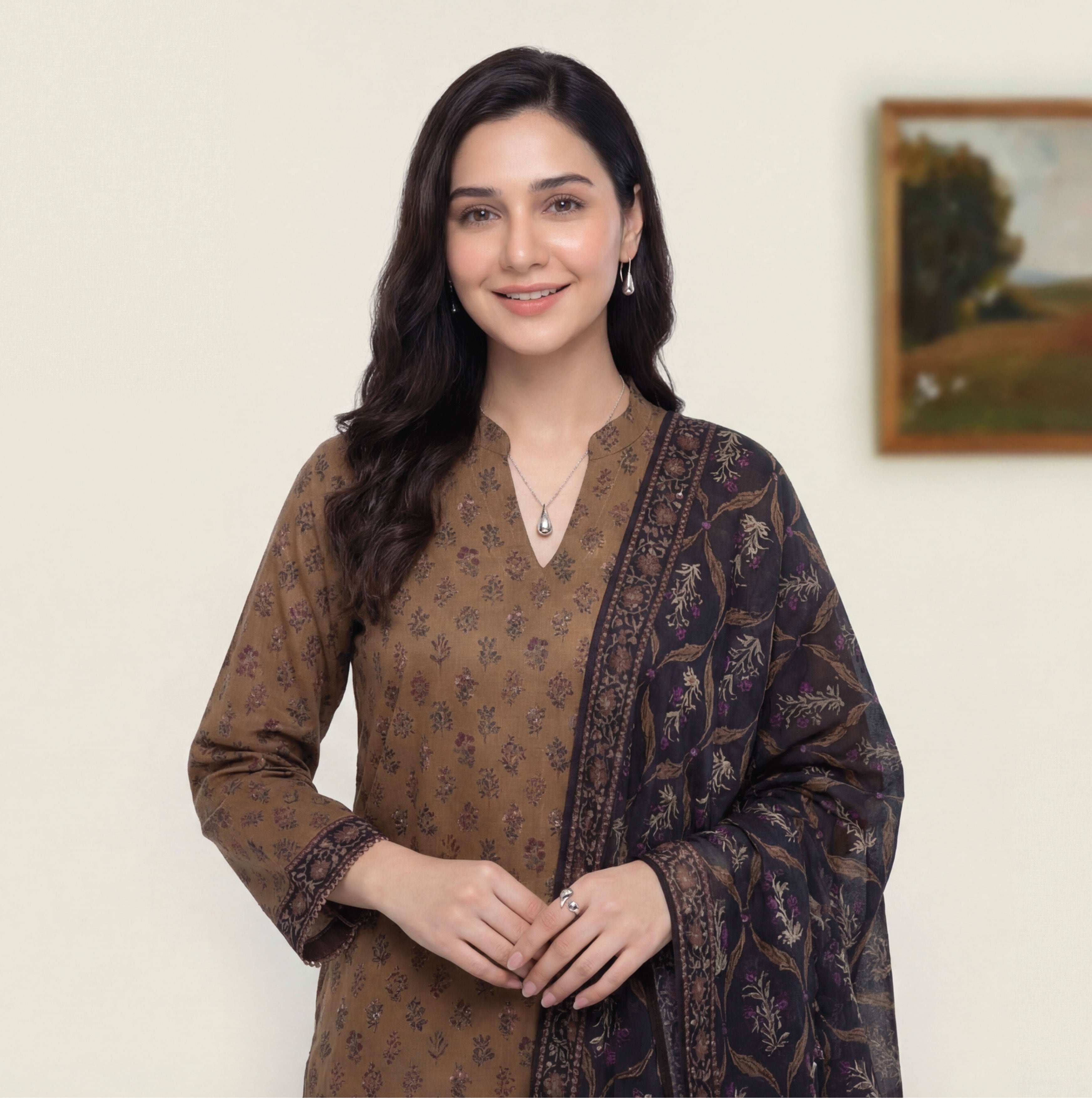 Caramel Brown Lawn Rotary Print 3PC Ready-to-Wear