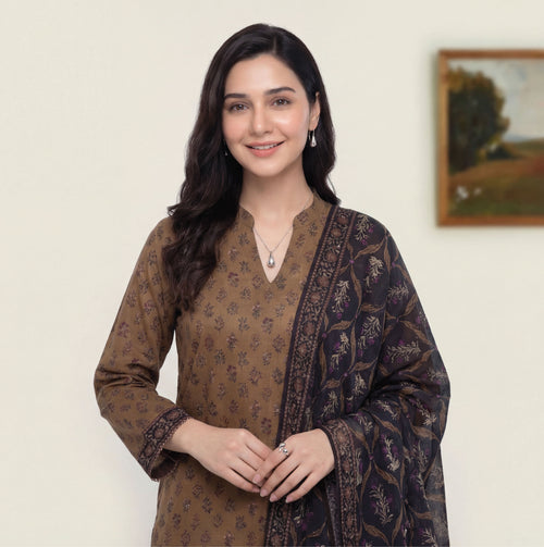 Caramel Brown Lawn Rotary Print 3PC Ready-to-Wear