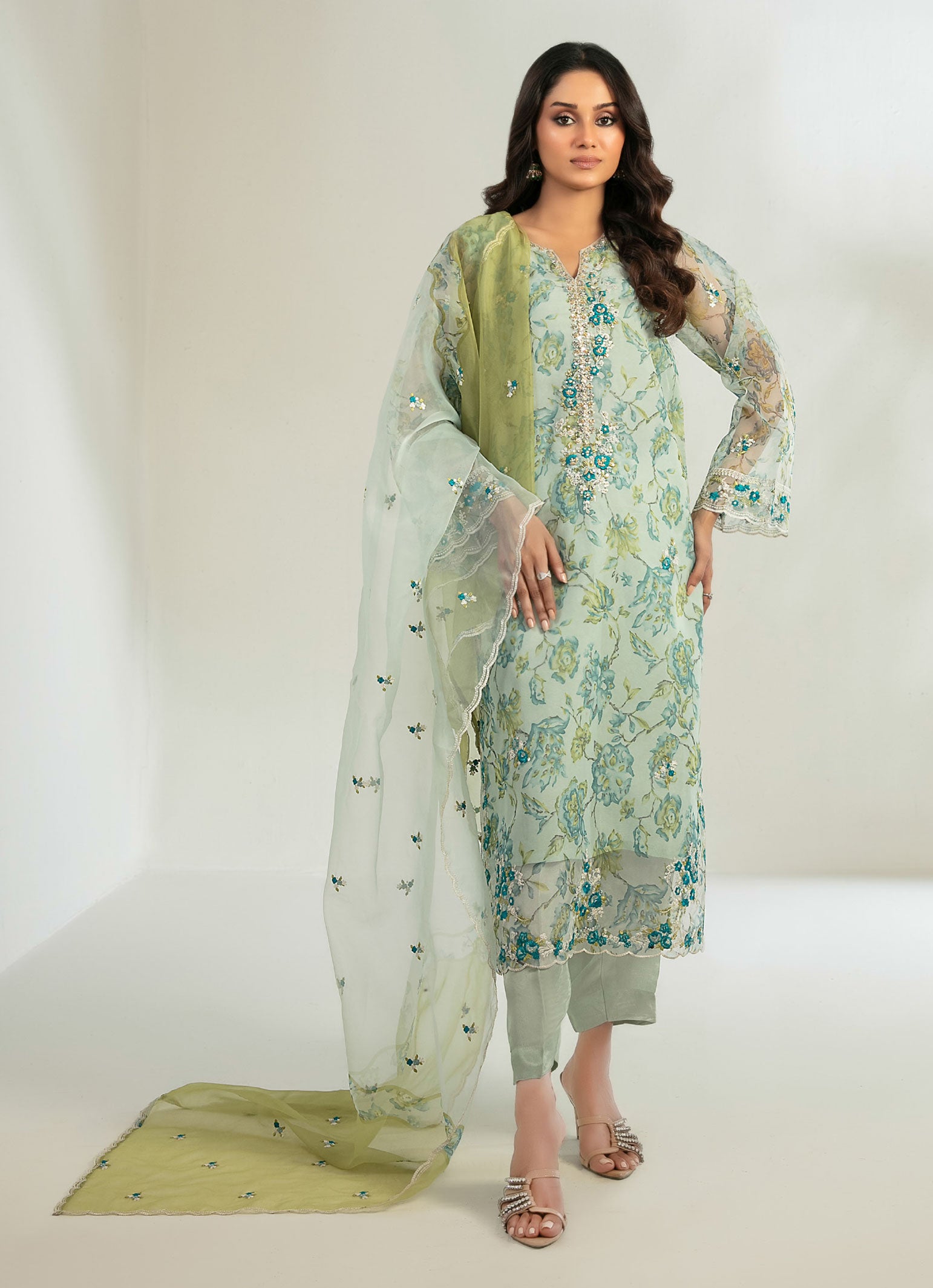 Green Haze Stitched Fancy Embrioderd organza suit