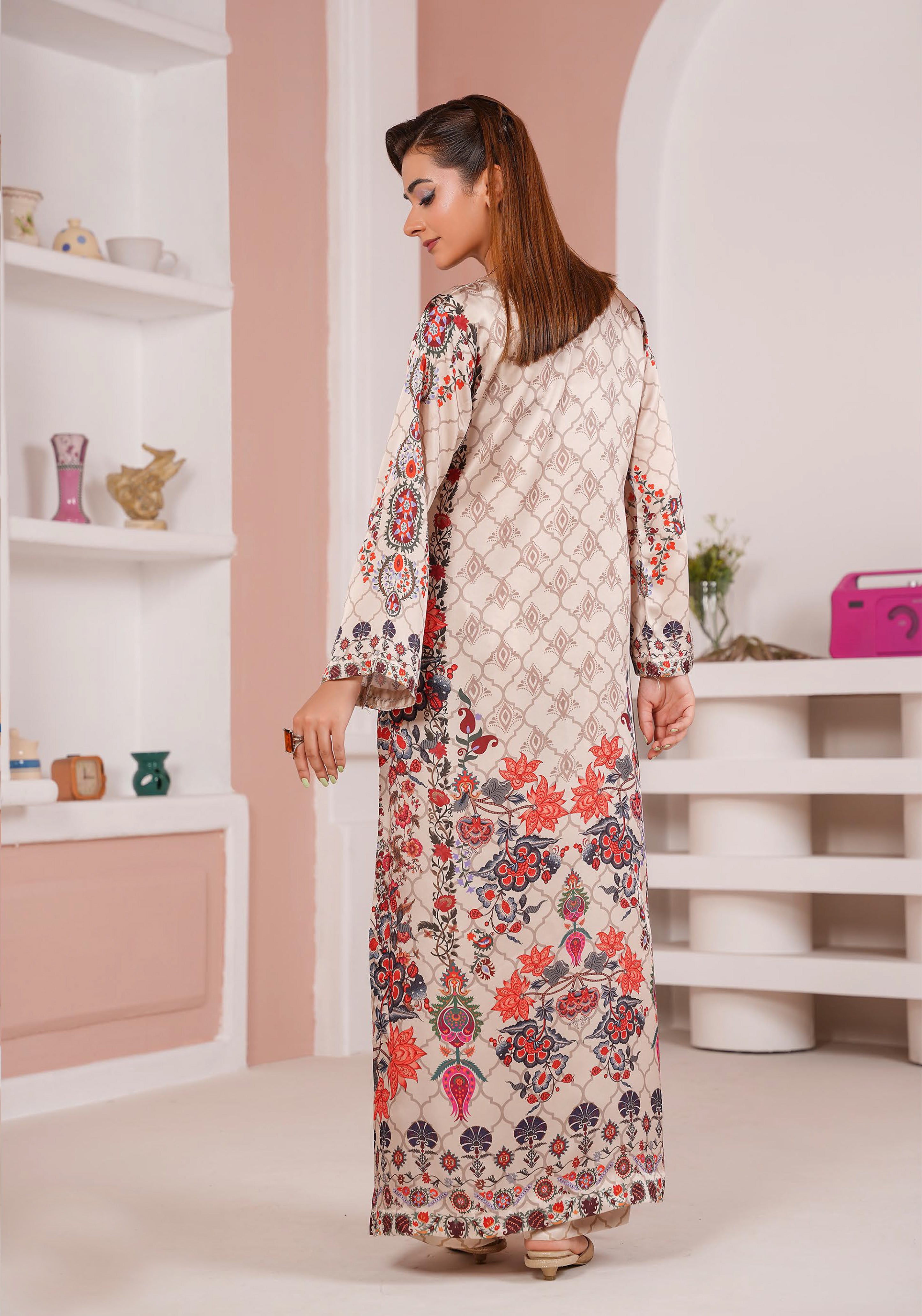 Ivory Floral Printed Silk Long Shirt & Trouser