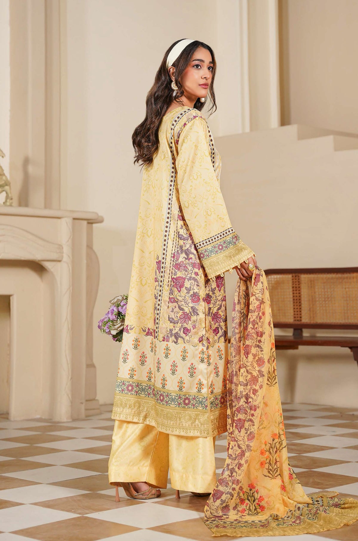 Mustard Yellow Floral Printed 3-Piece Suit with Traditional Borders