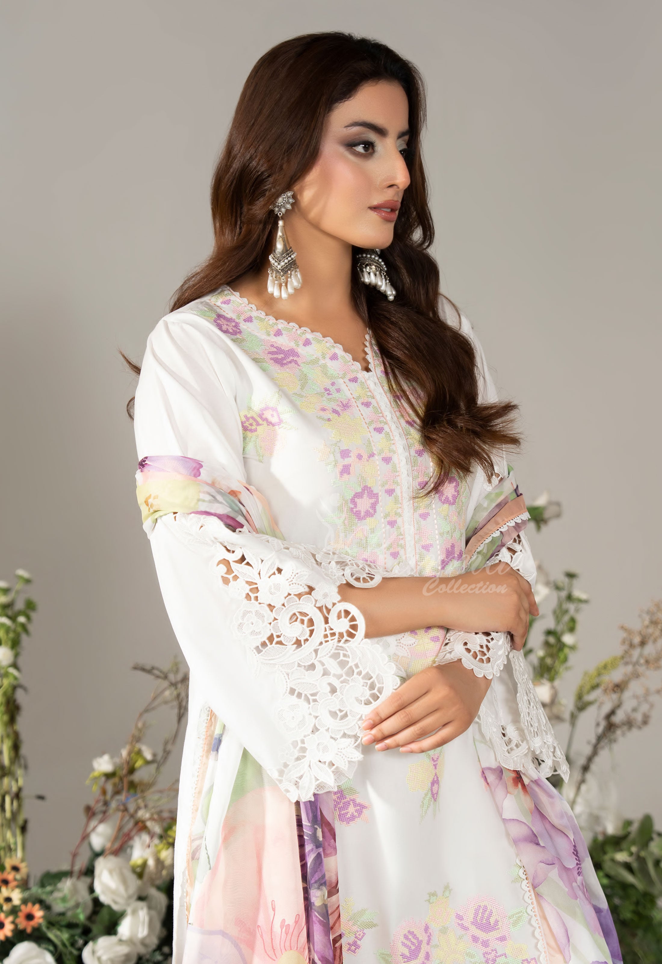 Pink White Karma Signature Embroidered 3 Piece suit