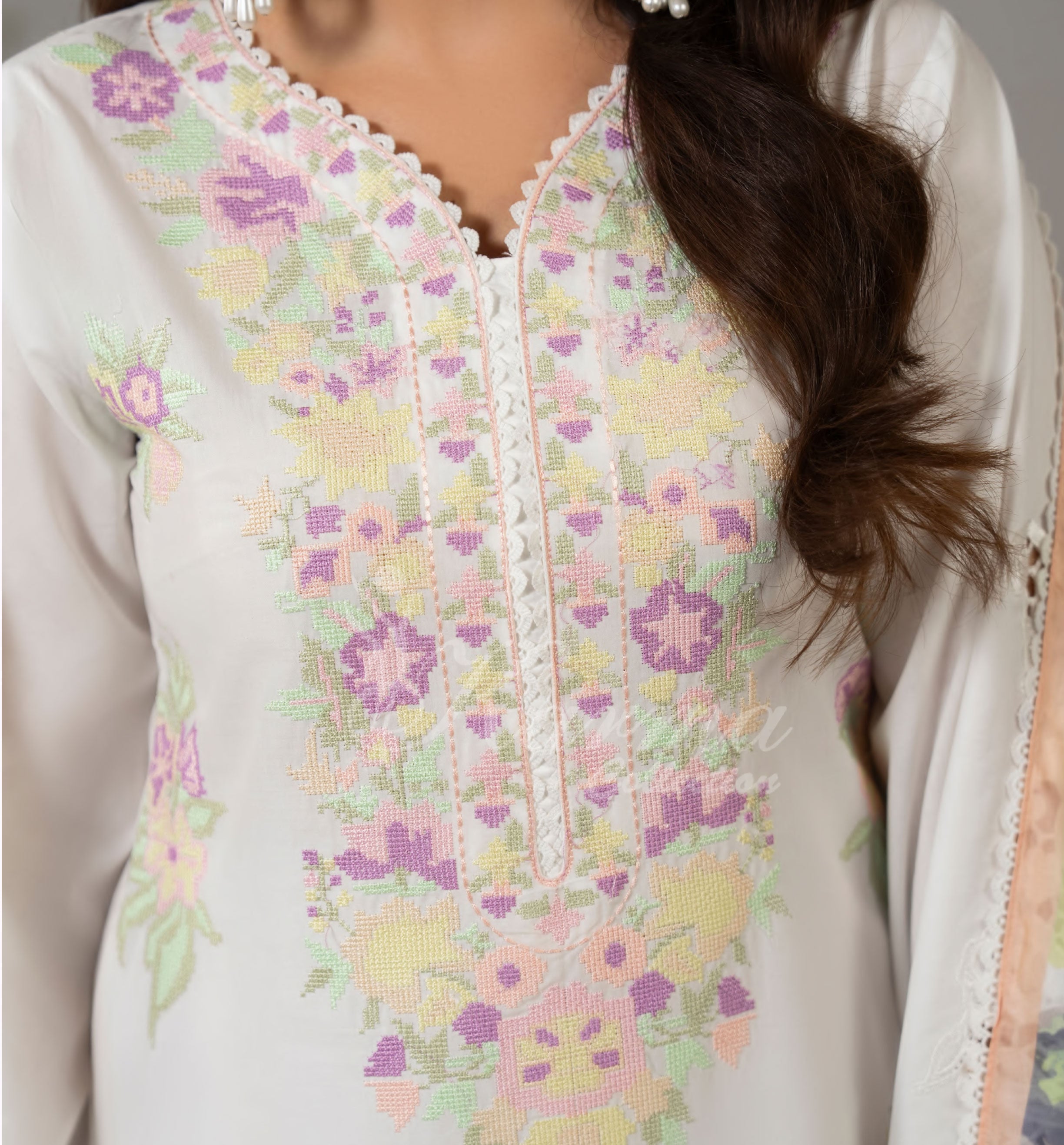 Pink White Karma Signature Embroidered 3 Piece suit