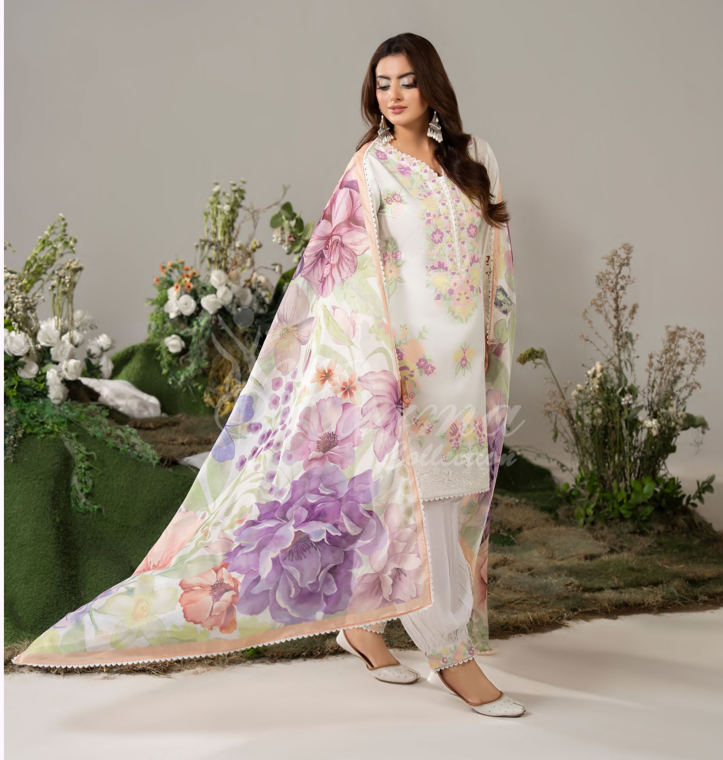 Pink White Karma Signature Embroidered 3 Piece suit