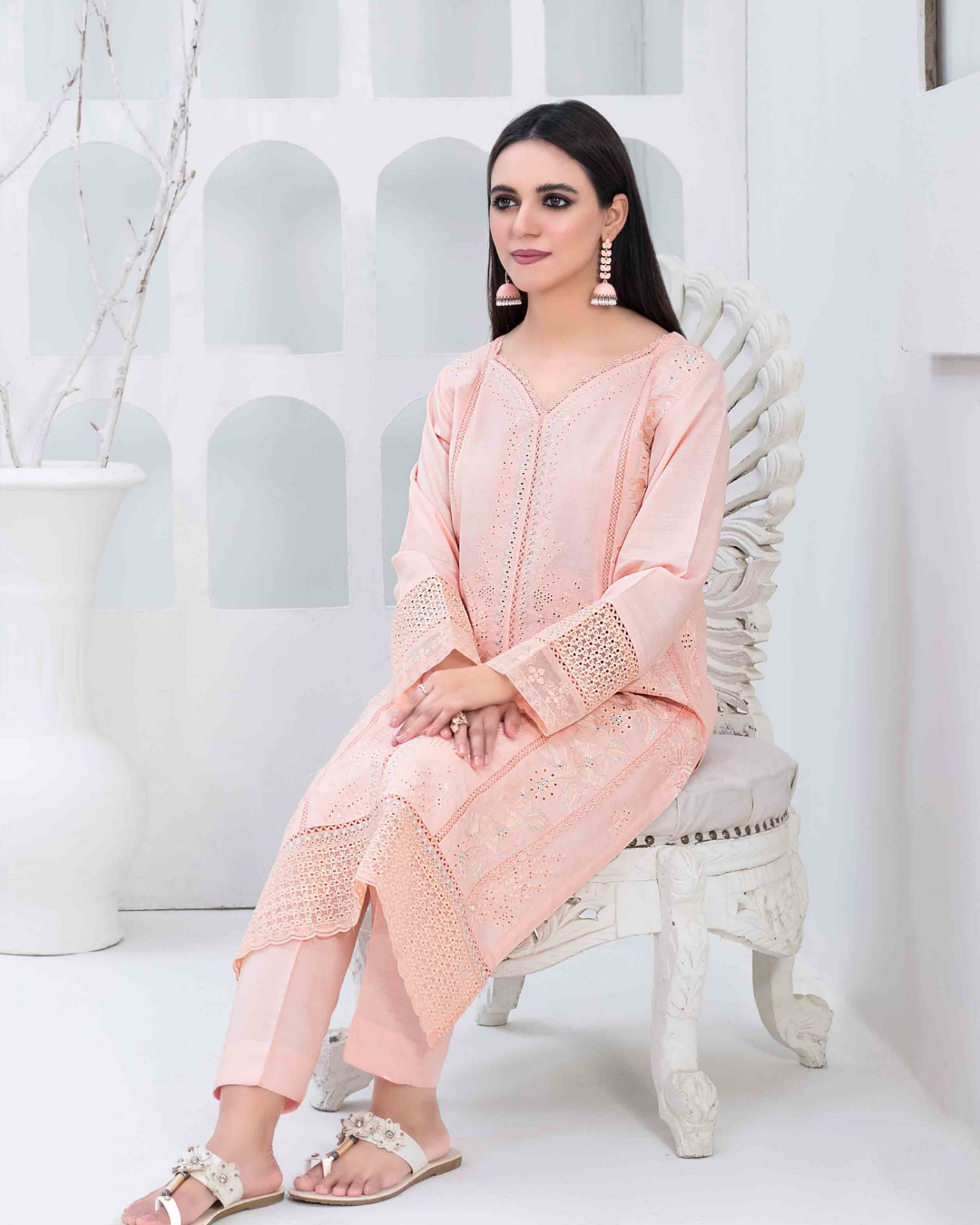 Peach Pink Embroidered Slub Linen 2-Piece Suit
