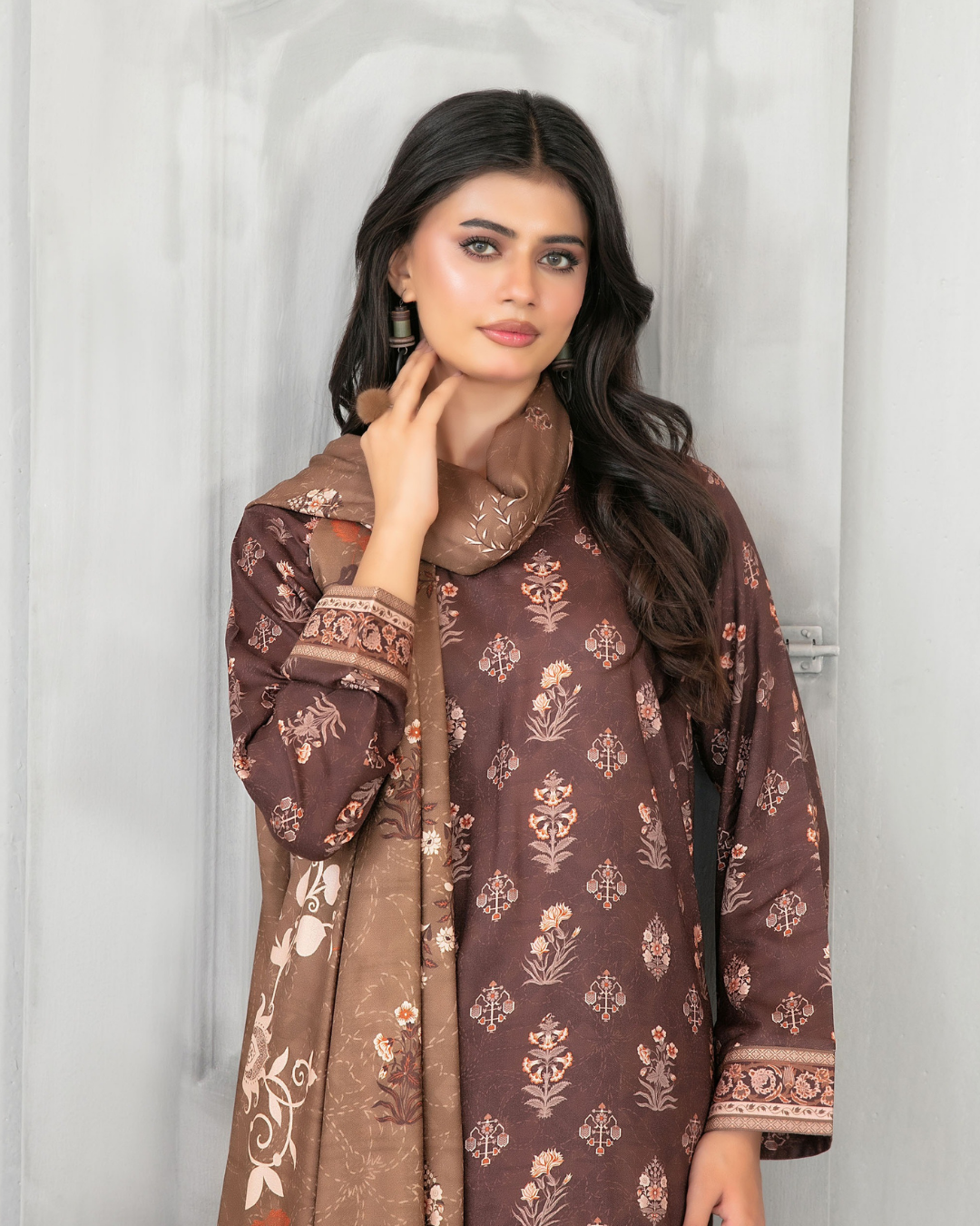 Chocolate Brown Floral Printed 3-Piece Suit with Taupe Dupatta