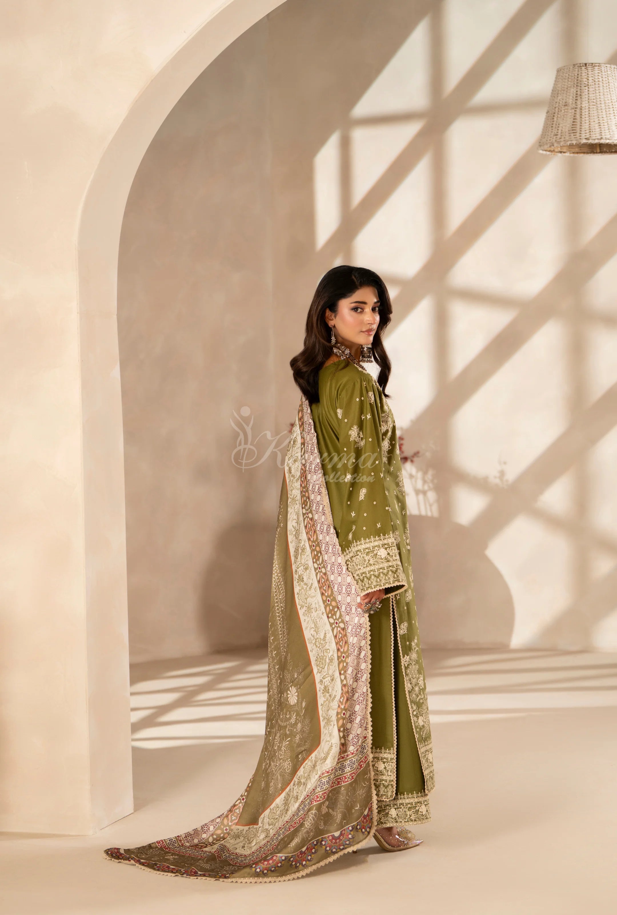 Original Karma collection olive green 3pc outfit with silk scarf