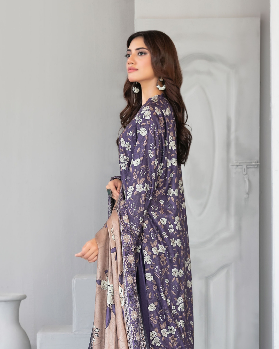 Purple Floral Printed 3-Piece Suit with Beige Printed Dupatta