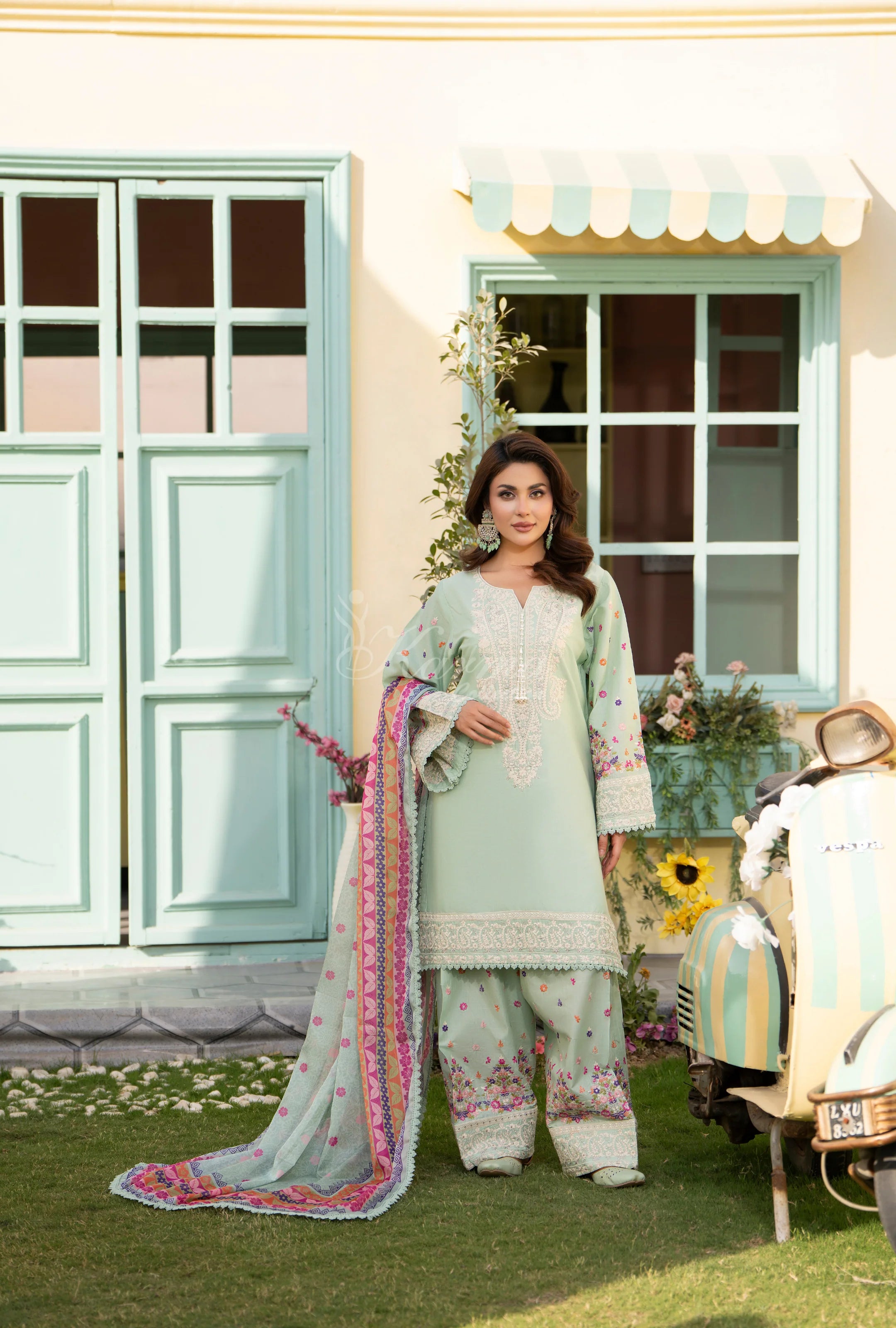 Original karma collection 3pc suit with embroidery farshi shalwar SAGE TINT
KC-1556