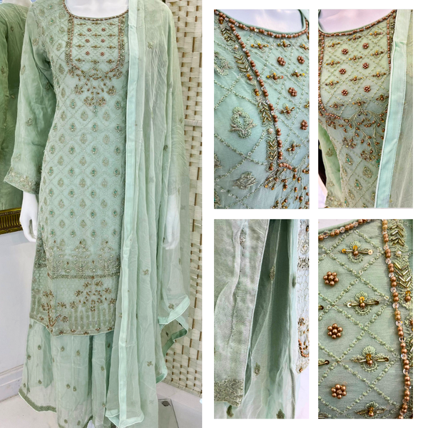 Pearl Work Sharara Suit - Mint Green