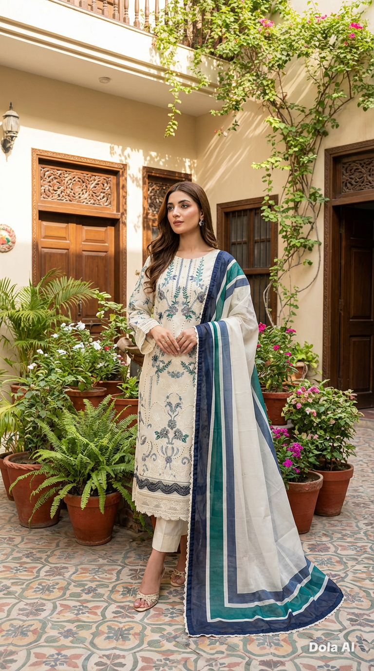 White and blue Maria b inspired 3pc outfit with silk scarf