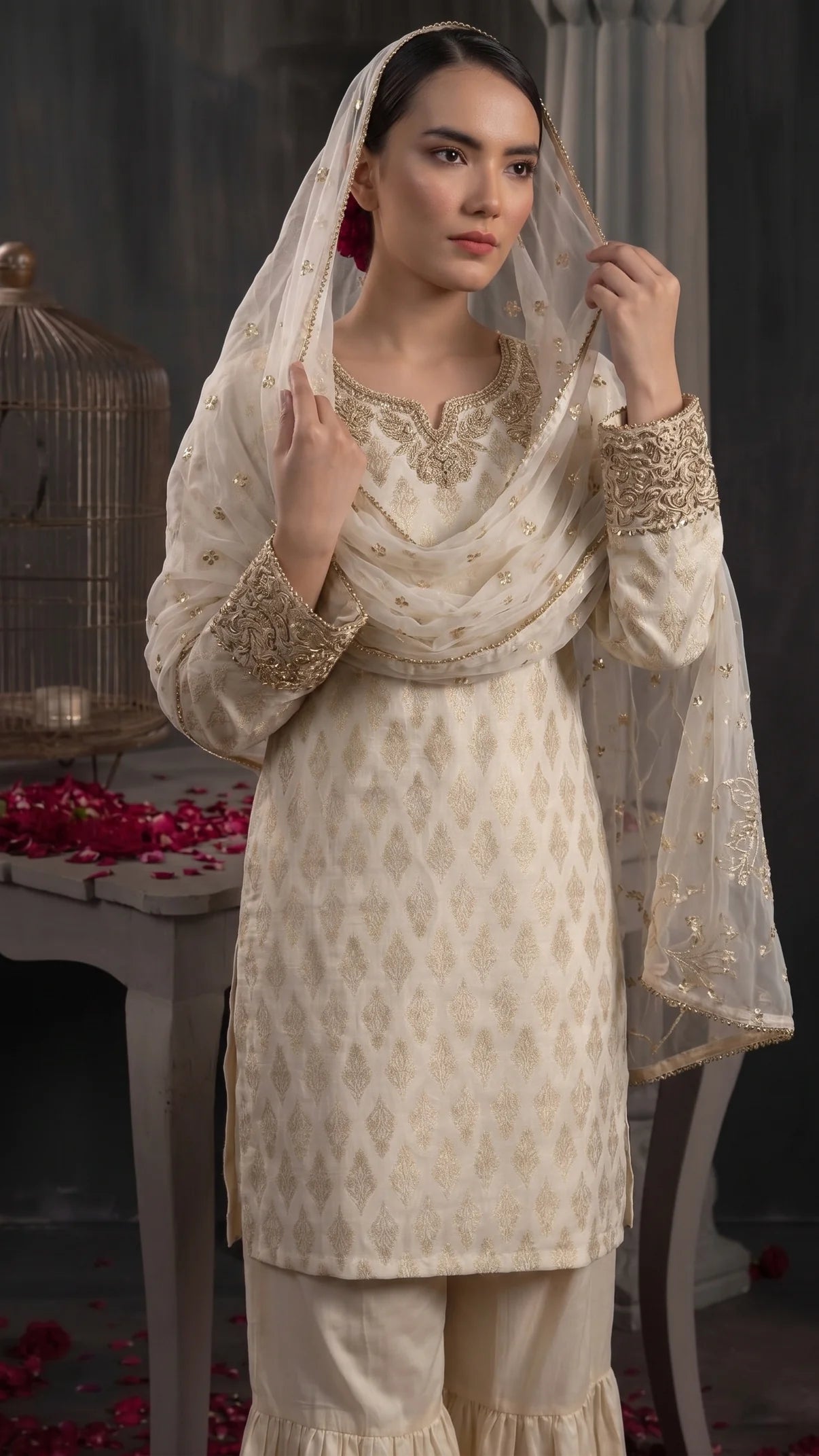 Cream and gold gararah with hand embellishments ant net scarf