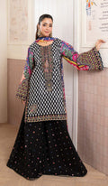 Charcoal Embroidered Lawn Suit with Printed Wide-Leg Trouser & Chiffon Dupatta