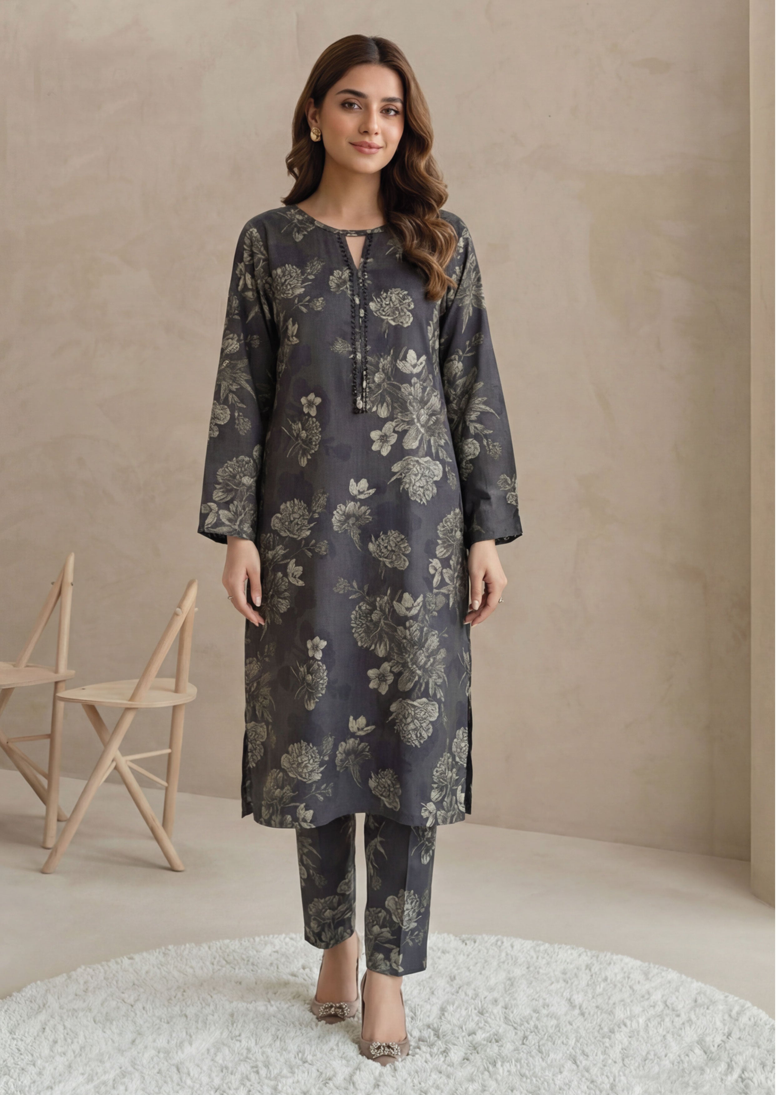 Charcoal Grey Linen Stitched Staple Digital print suit