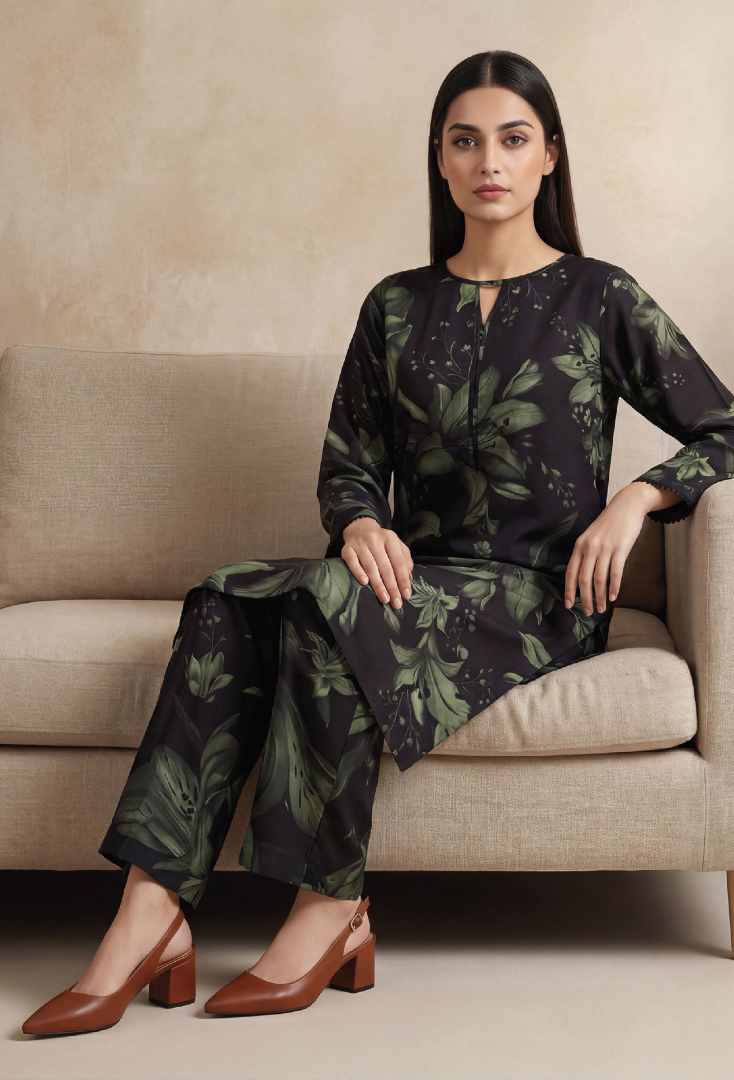 Plum Charcoal Linen Stitched Staple Digital print suit