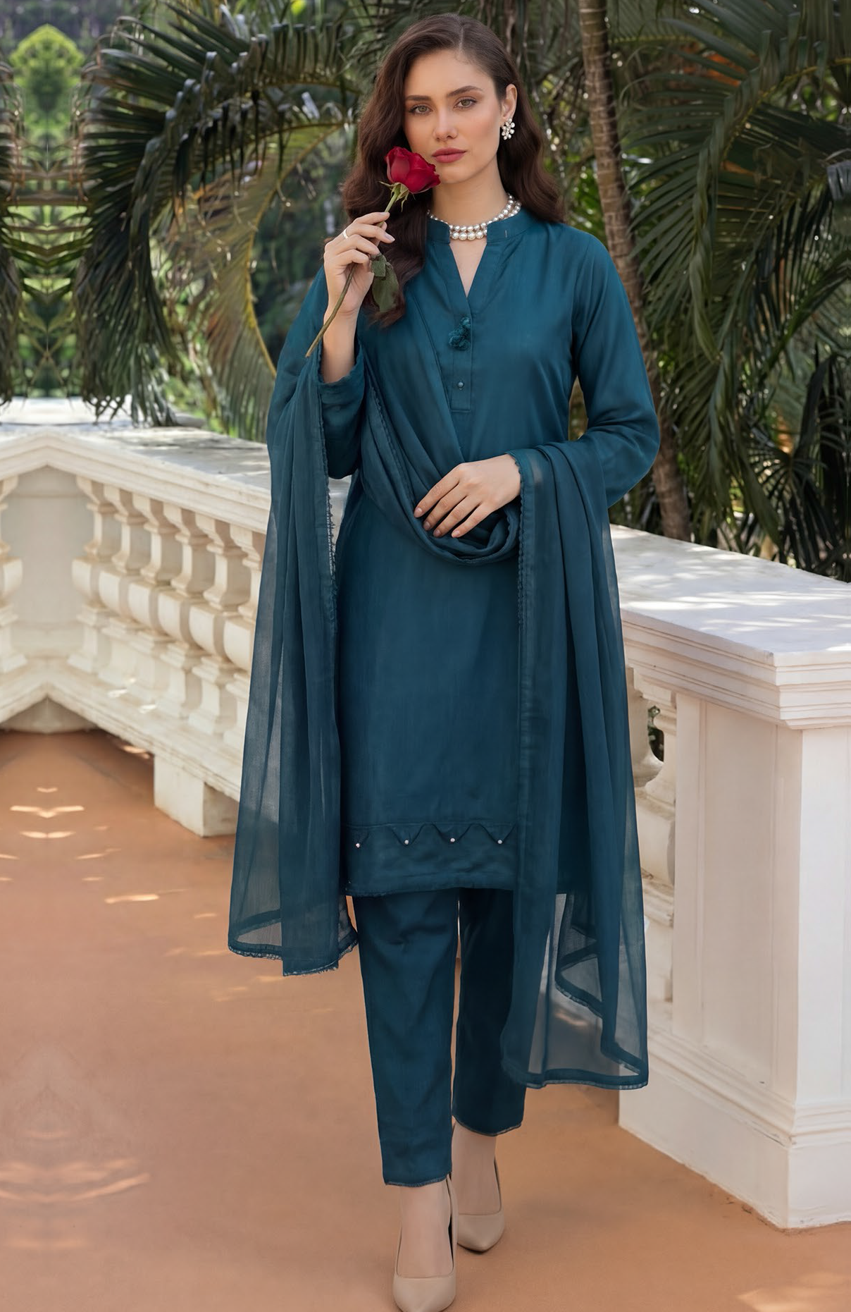 Dark Teal Premium Jacquard Lawn 3-Piece Stitched Suit