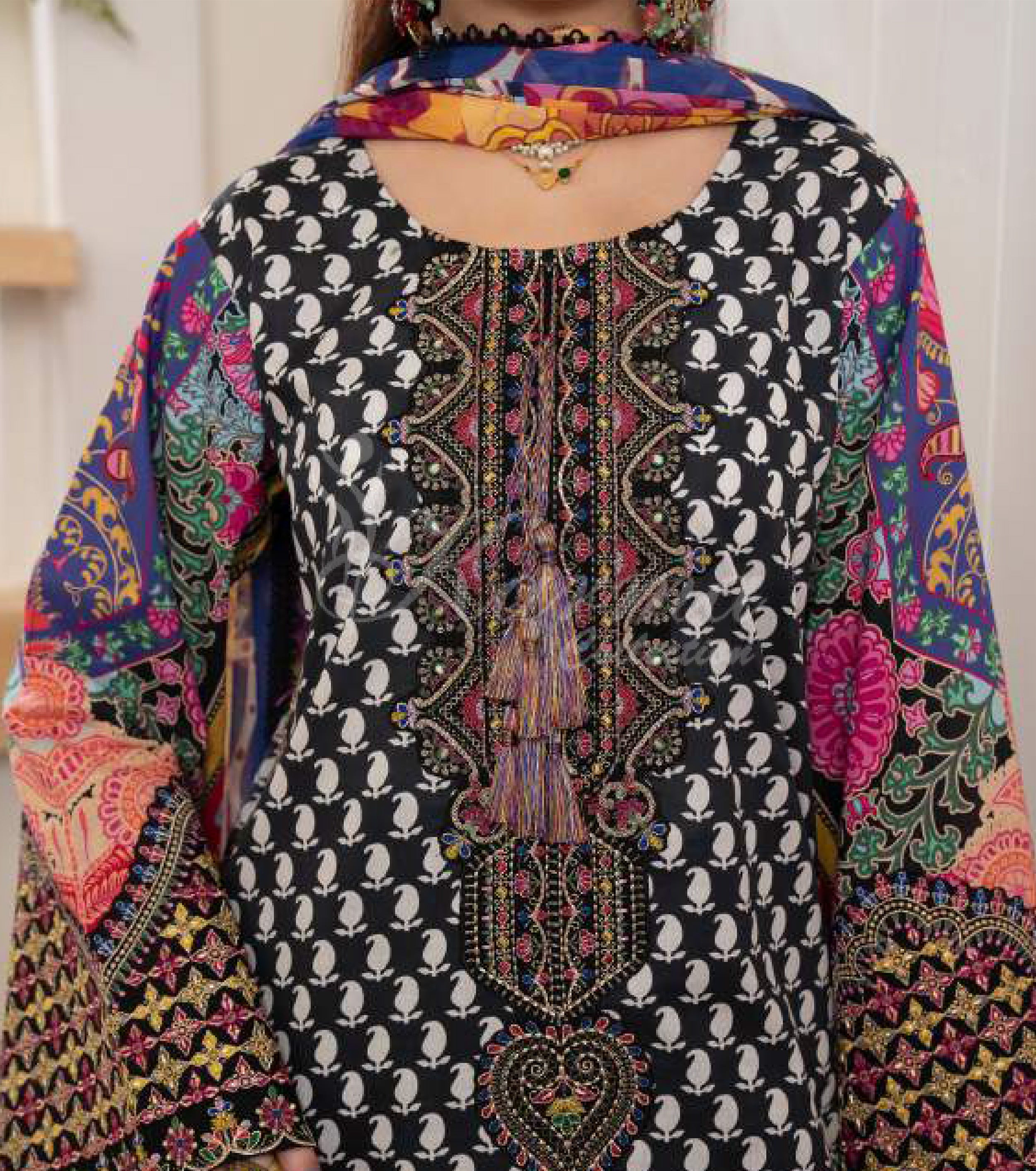 Charcoal Embroidered Lawn Suit with Printed Wide-Leg Trouser & Chiffon Dupatta