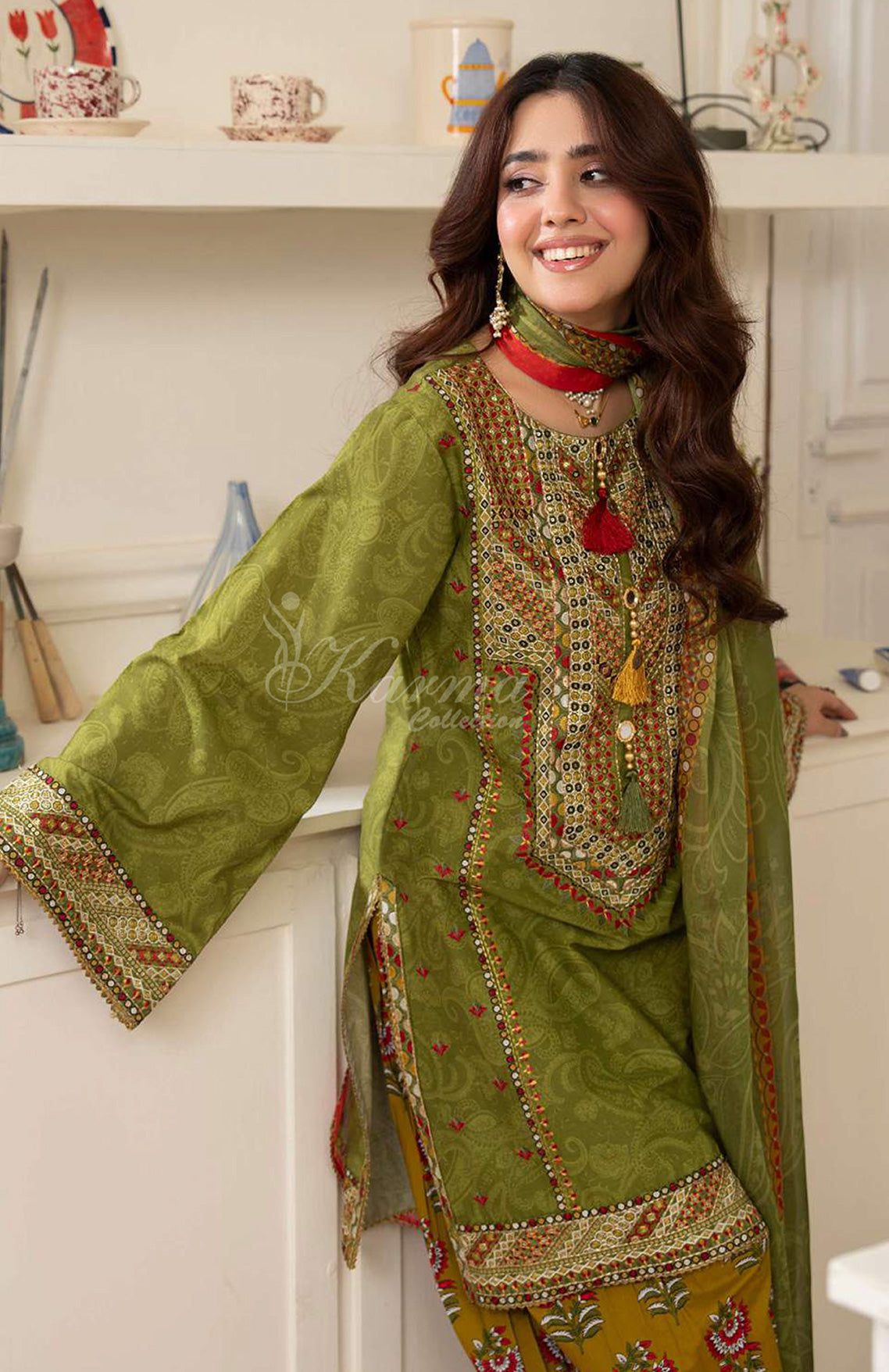 Meadow Embroidered Lawn Suit with Printed Dupatta & Farshi Shalwar