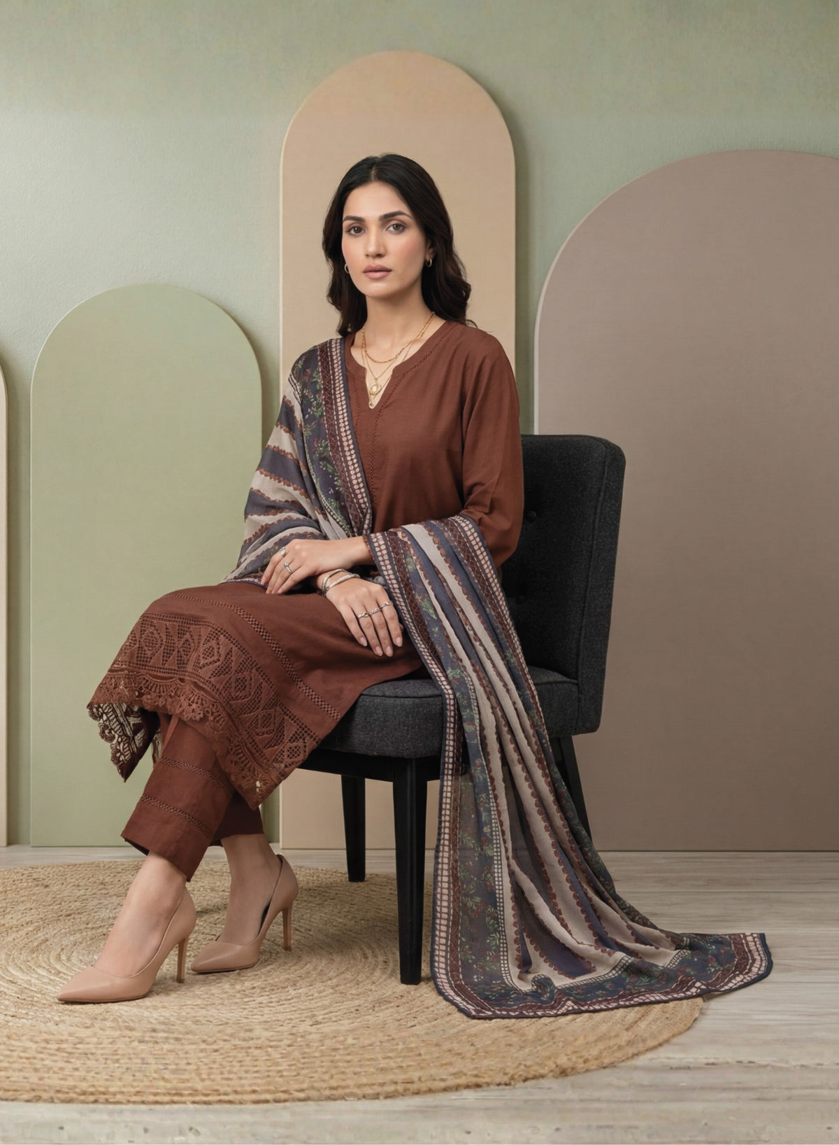 Brown Embroidered 3-Piece Suit with Striped Digital Print Dupatta
