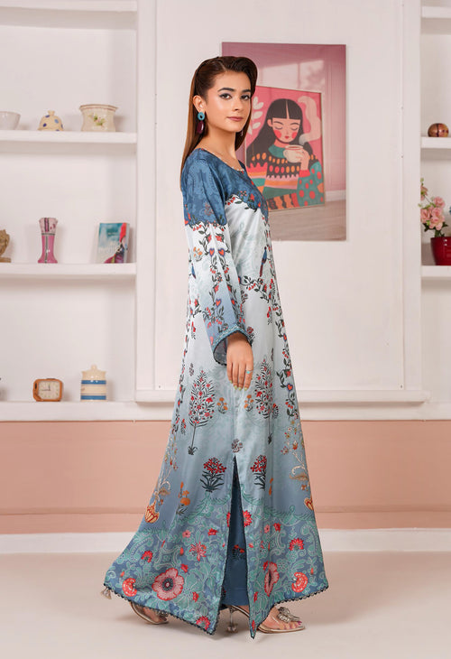 Powder Blue Floral Printed Silk Long Shirt & Trouser