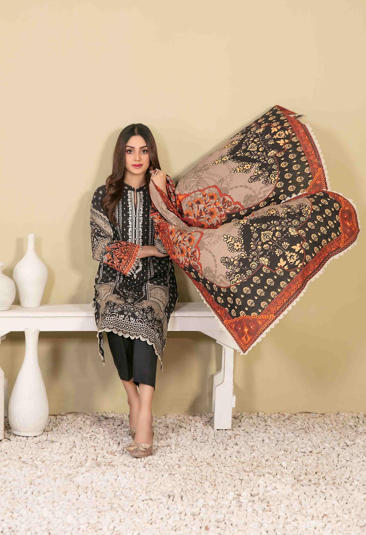 Black and Beige Printed Khaddar 3-Piece Suit with Rust Orange Dupatta