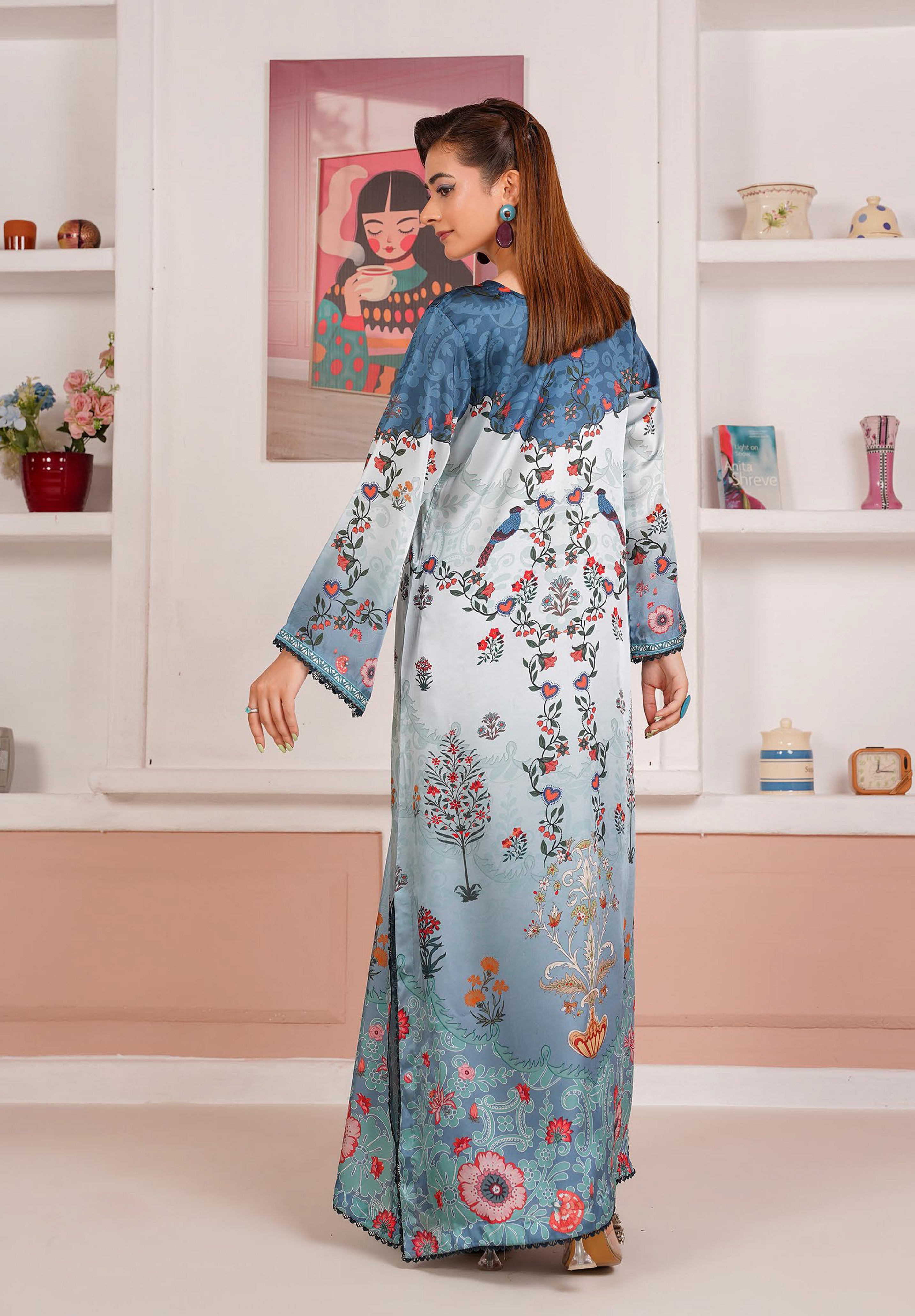Powder Blue Floral Printed Silk Long Shirt & Trouser