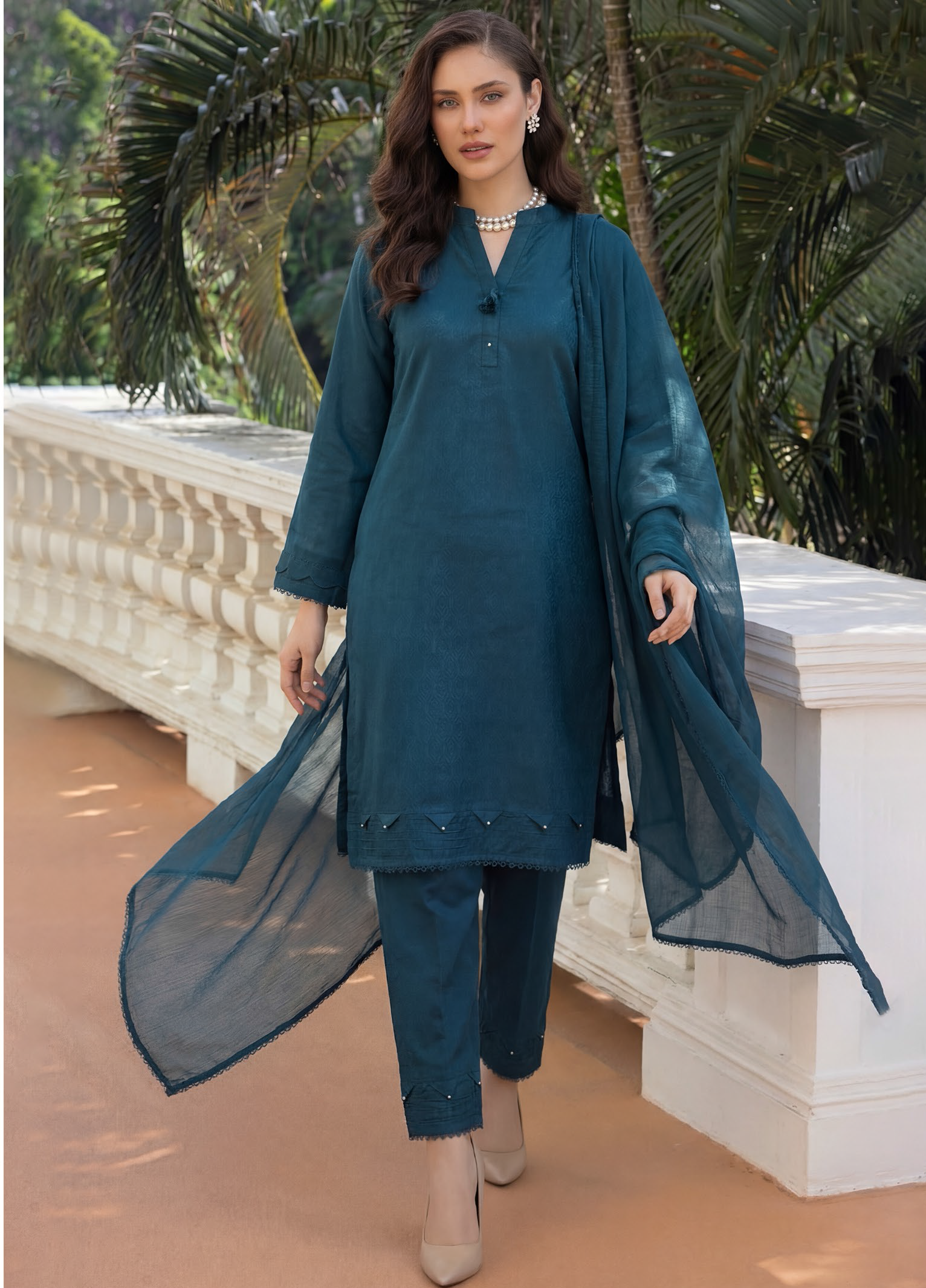 Dark Teal Premium Jacquard Lawn 3-Piece Stitched Suit