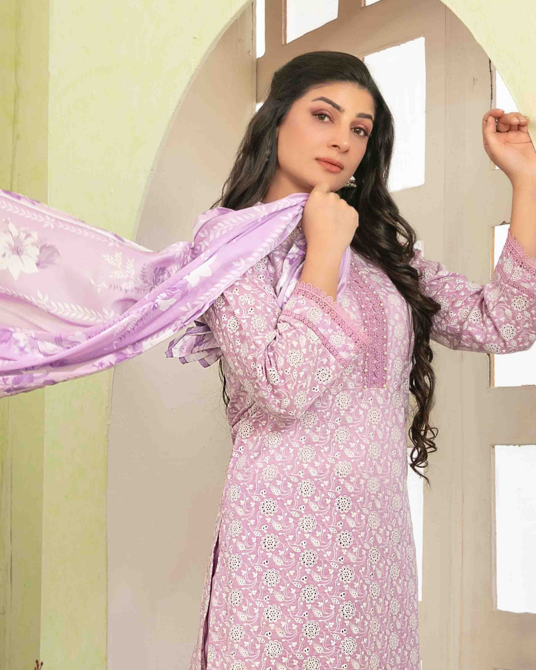 Lilac Pink Printed 3-Piece Stitched Suit with Digital Printed Dupatta