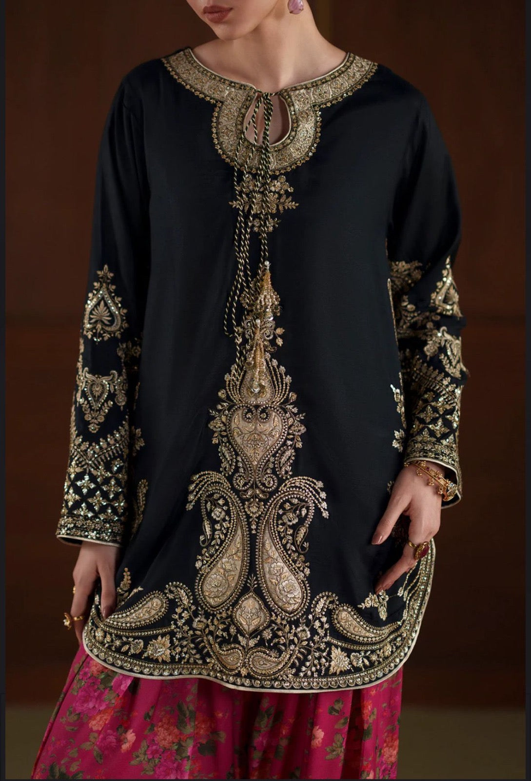 Ethnic inspired 3 pc outfit with printed silk scarf