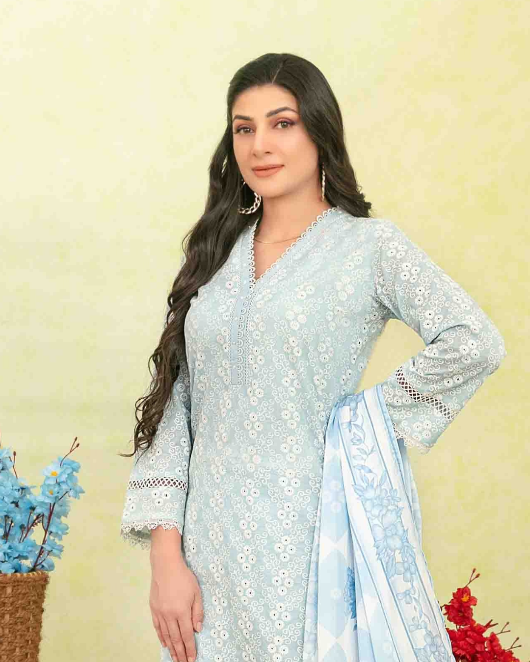 Light Blue Floral Printed 3-Piece Stitched Suit with Digital Printed Dupatta