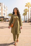 2pc -co-ord set in khaki green with chickenkari embroidery