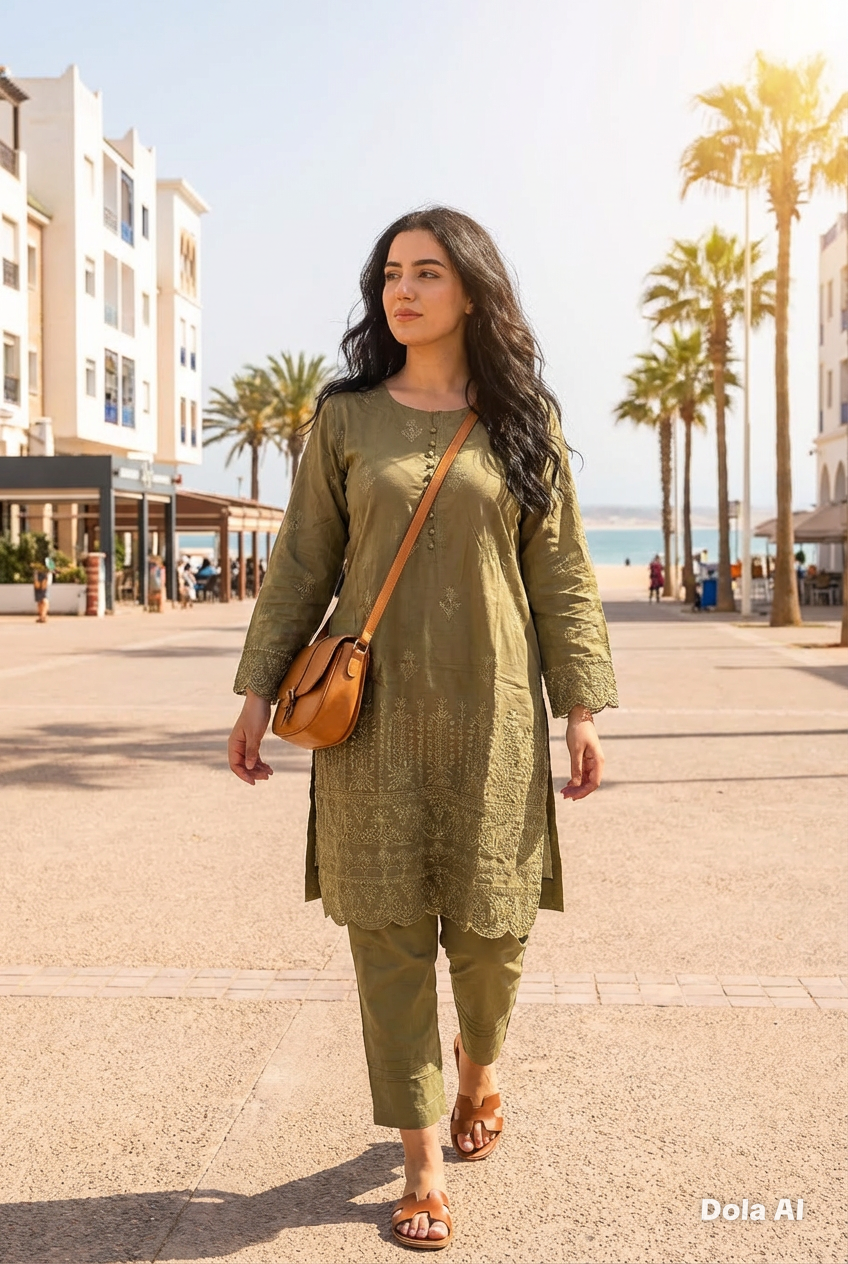 2pc -co-ord set in khaki green with chickenkari embroidery
