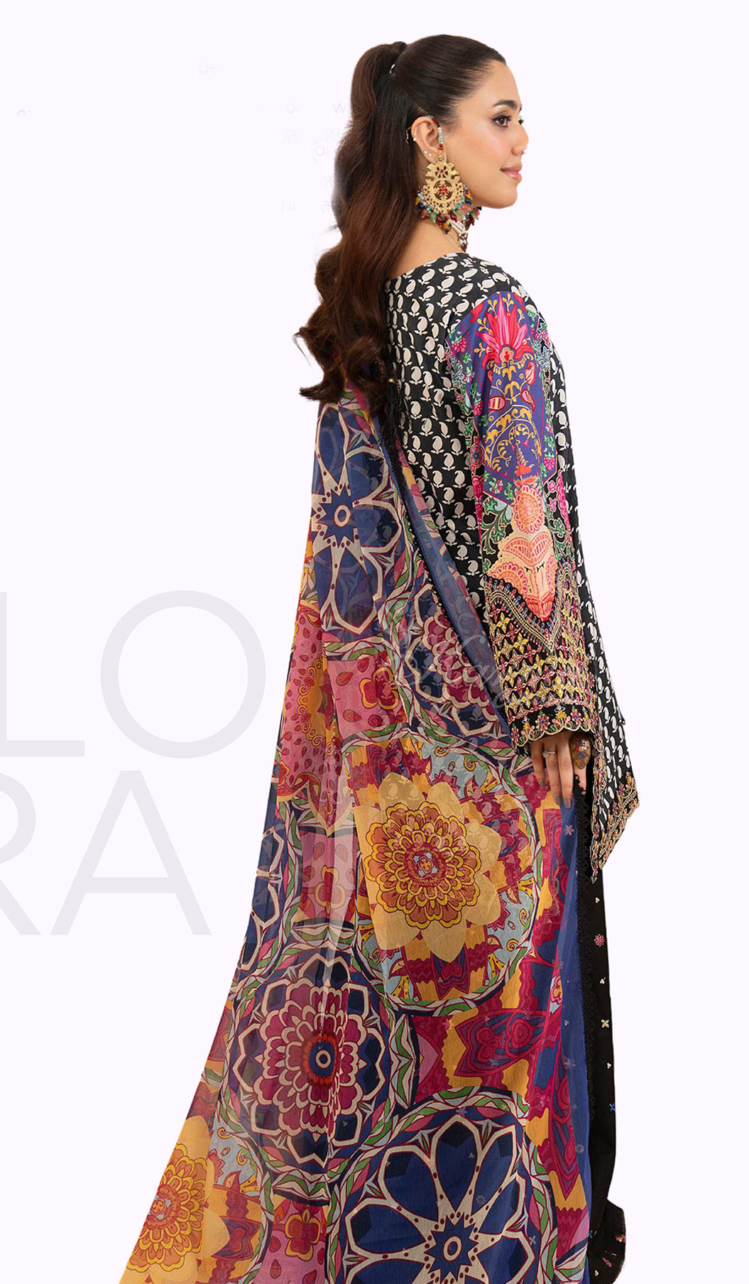 Charcoal Embroidered Lawn Suit with Printed Wide-Leg Trouser & Chiffon Dupatta