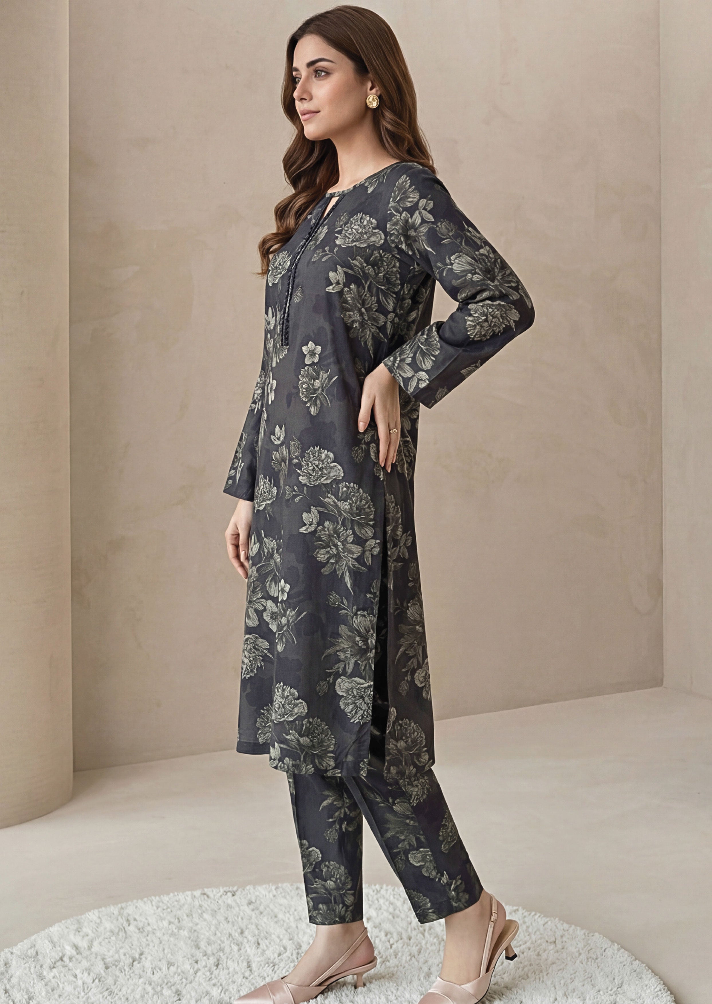 Charcoal Grey Linen Stitched Staple Digital print suit