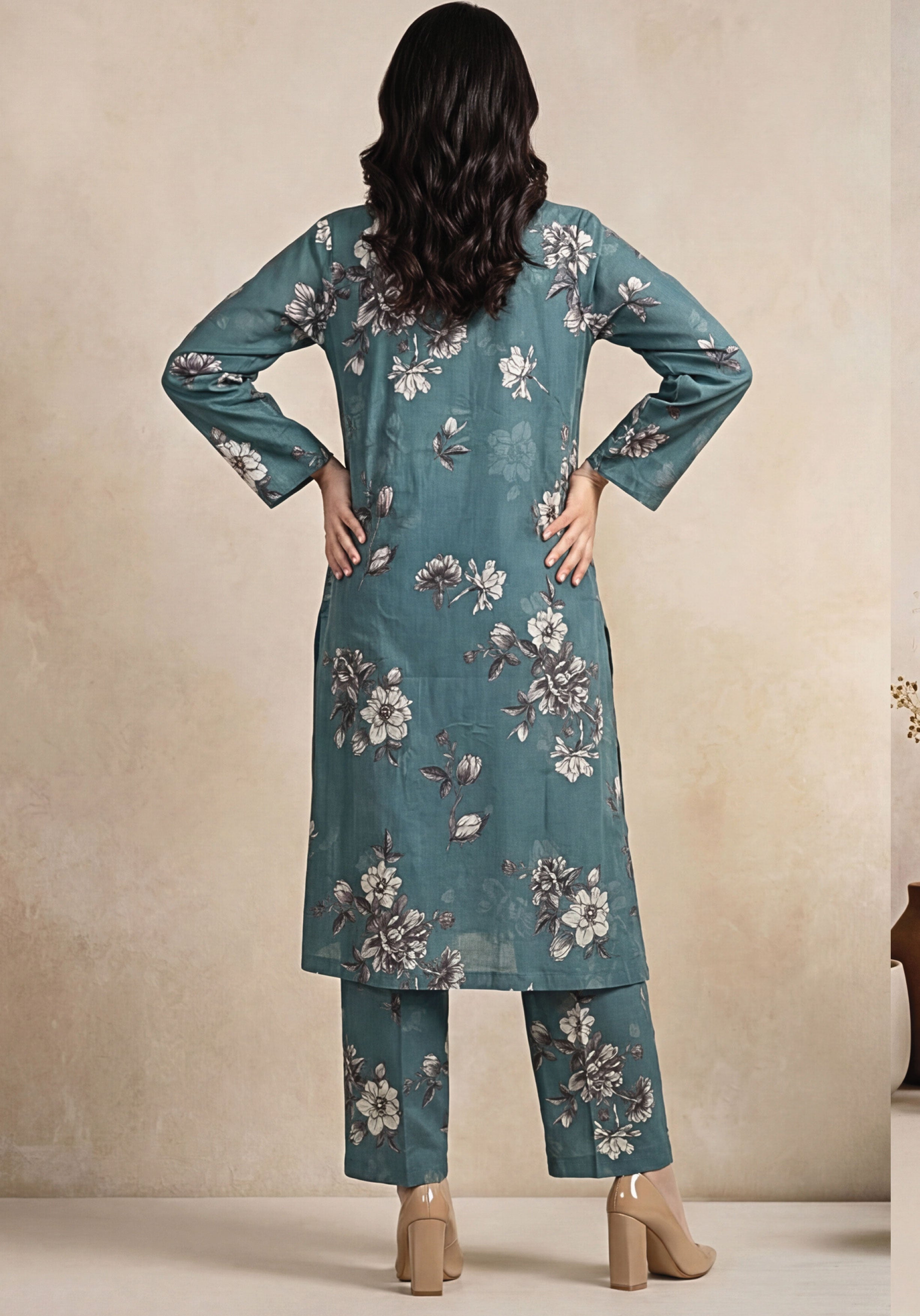Dusty Teal Linen Stitched Staple Digital print suit