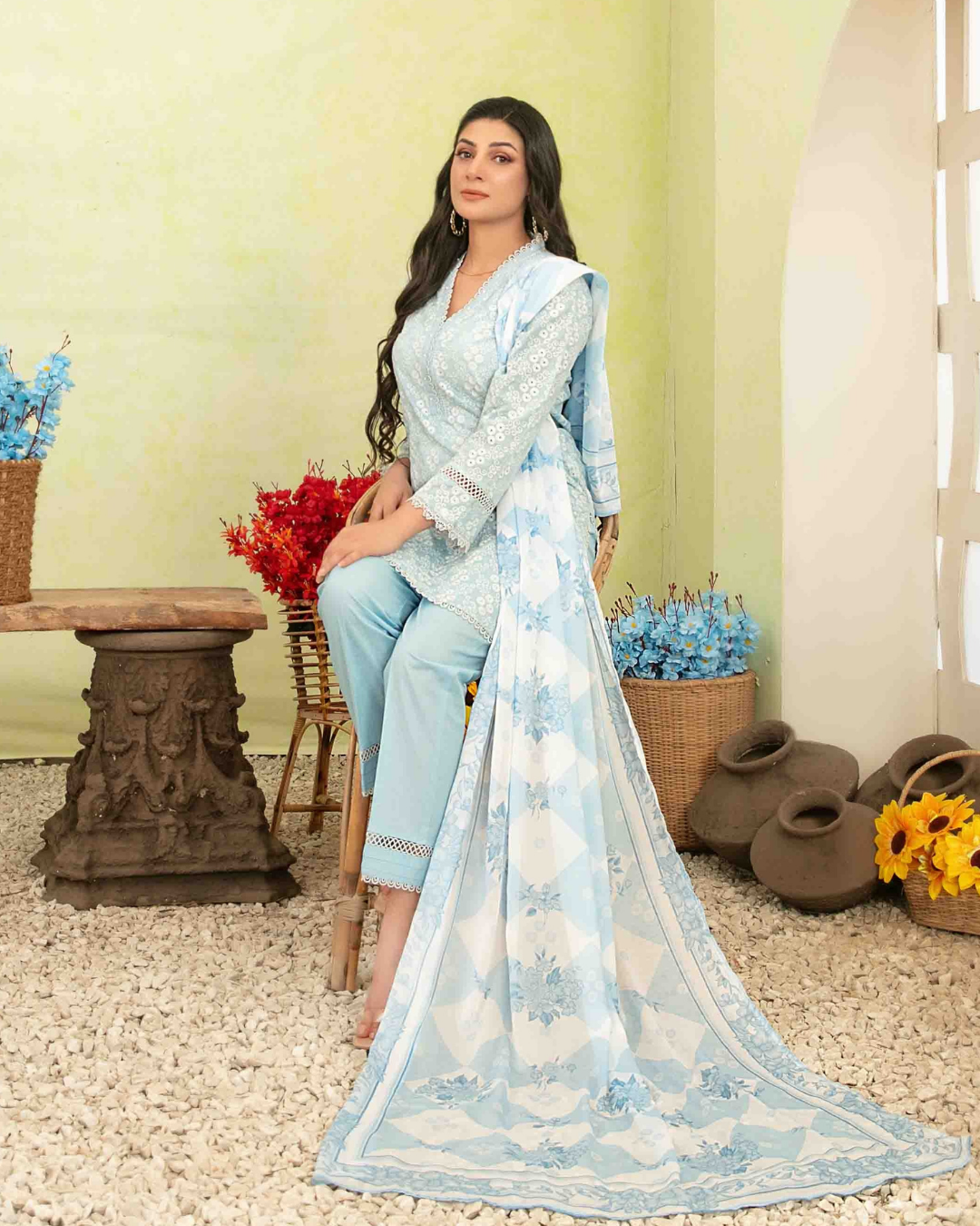 Light Blue Floral Printed 3-Piece Stitched Suit with Digital Printed Dupatta