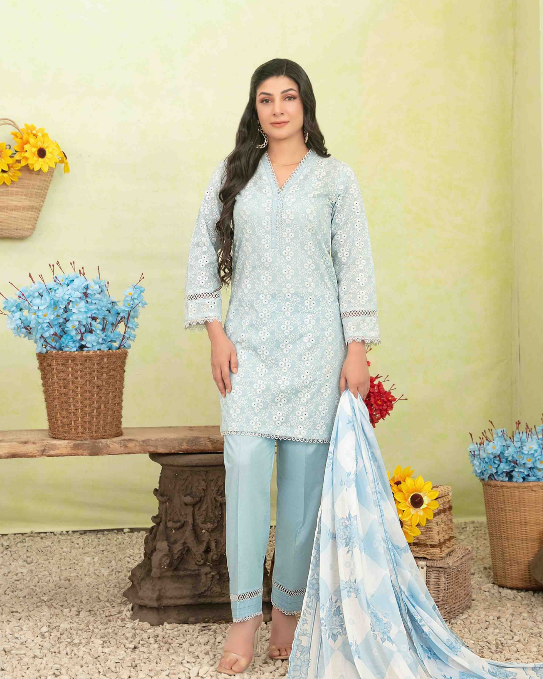 Light Blue Floral Printed 3-Piece Stitched Suit with Digital Printed Dupatta