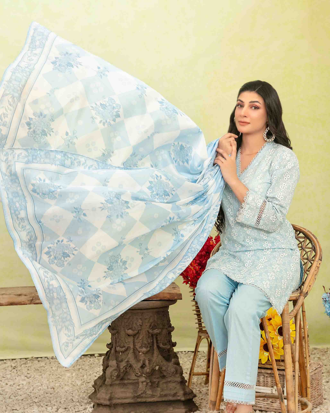 Light Blue Floral Printed 3-Piece Stitched Suit with Digital Printed Dupatta