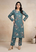 Dusty Teal Linen Stitched Staple Digital print suit