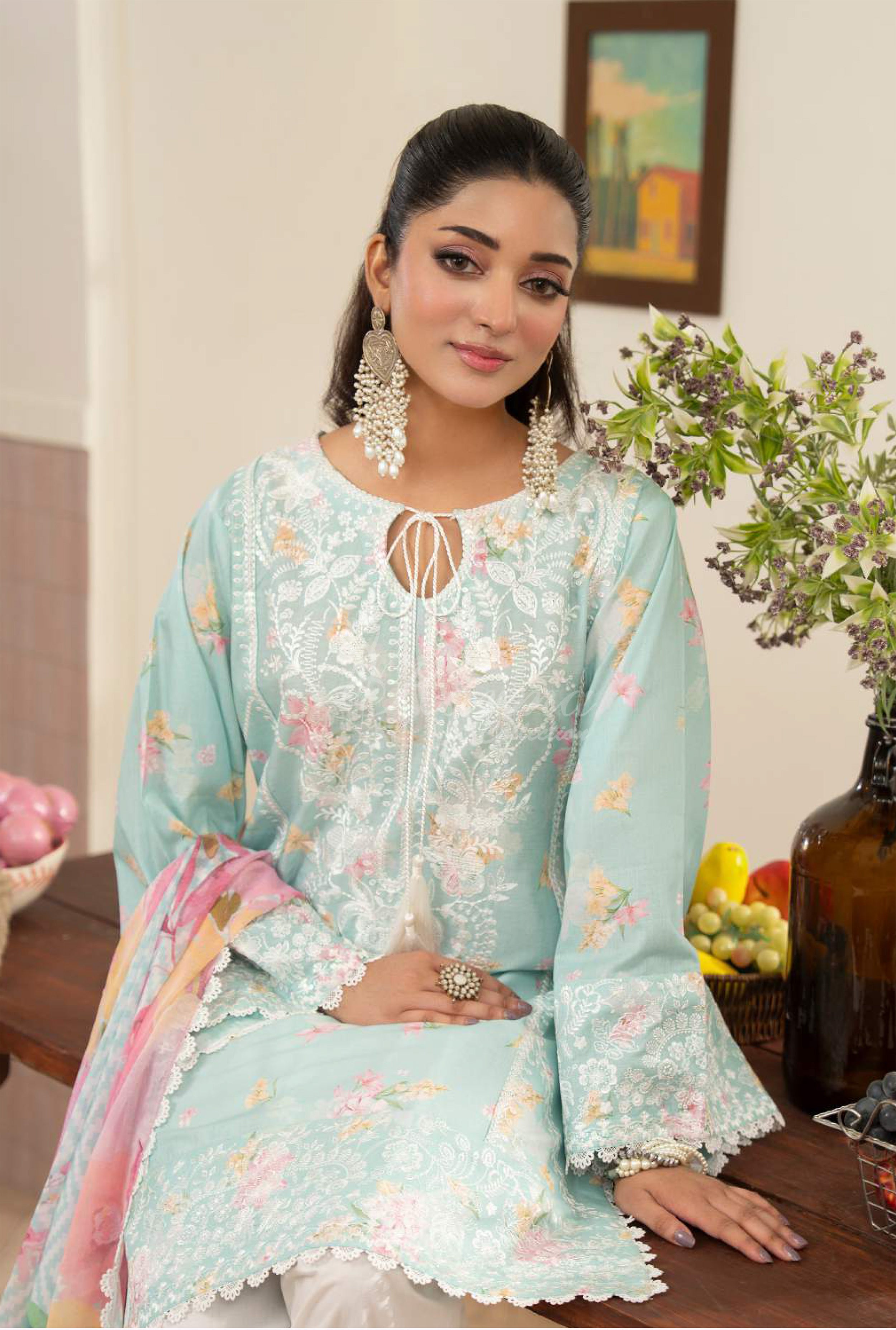 Aqua Embroidered Lawn Suit with Embroidered Trouser & Printed Chiffon Dupatta