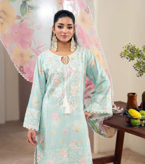 Aqua Embroidered Lawn Suit with Embroidered Trouser & Printed Chiffon Dupatta