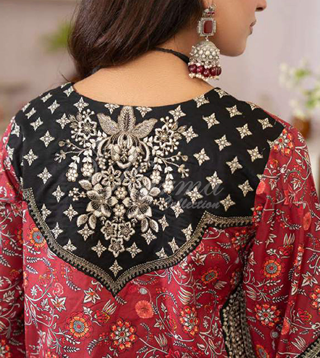 Crimson Noir Embroidered Lawn Suit with Printed Dupatta & Farshi Shalwar
