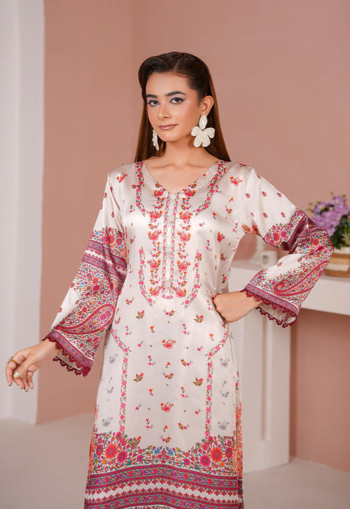 Ivory Red Floral Printed Silk Long Shirt & Trouser